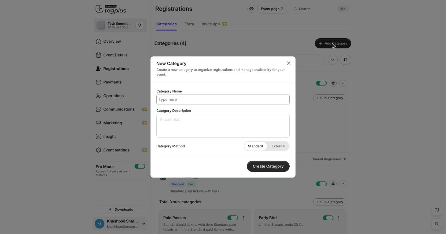 The New Category form with name, description and Standard or External method