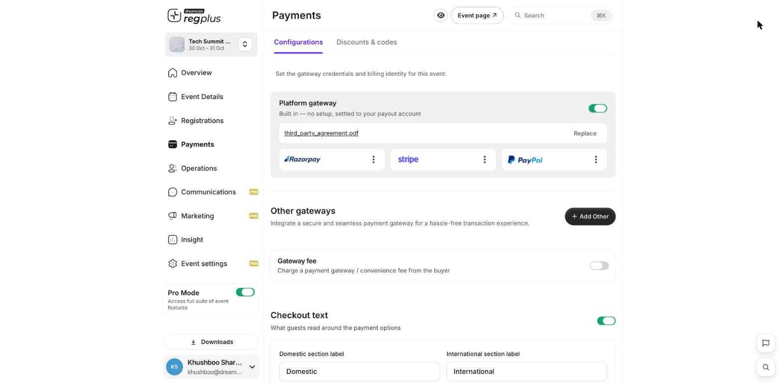 The Payments Configurations screen with the platform gateway and Add Other button