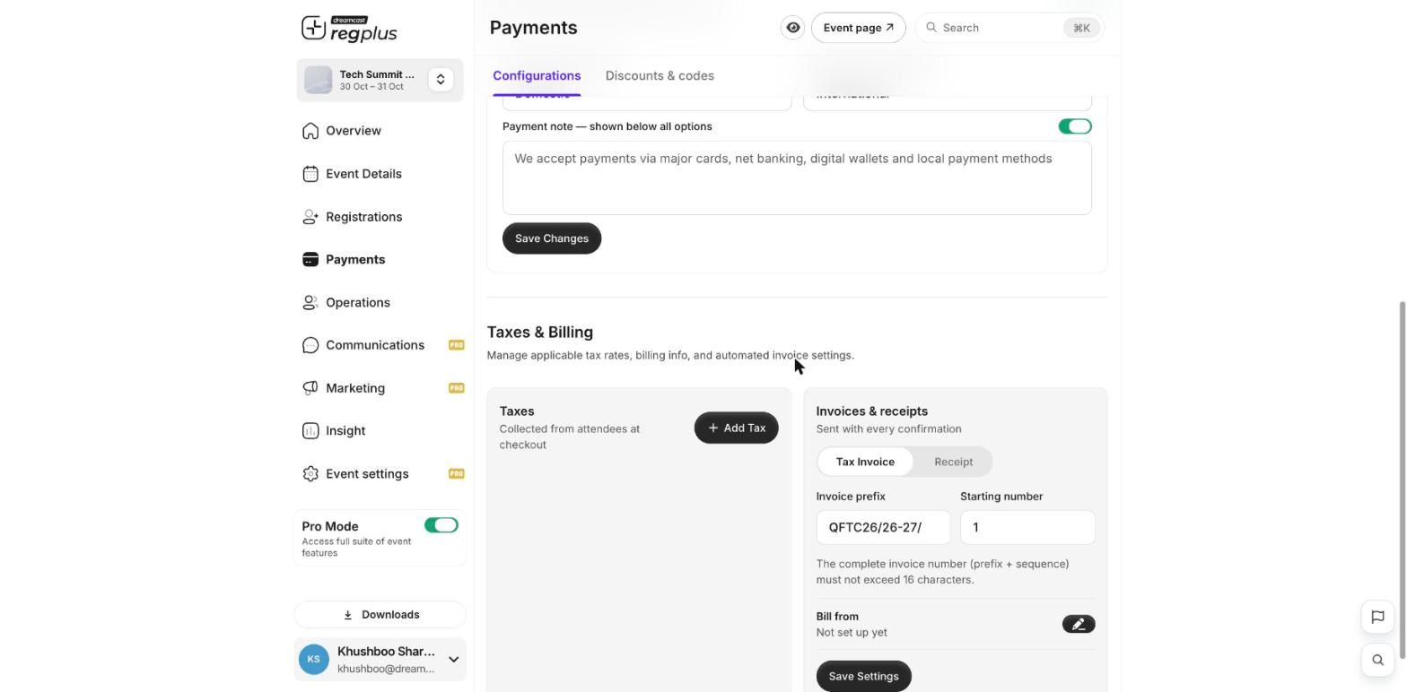 The Taxes and Billing section with Add Tax and the invoices and receipts settings