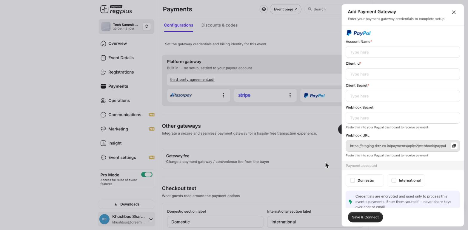The Add Payment Gateway form for PayPal with account name, client ID, client secret and webhook fields