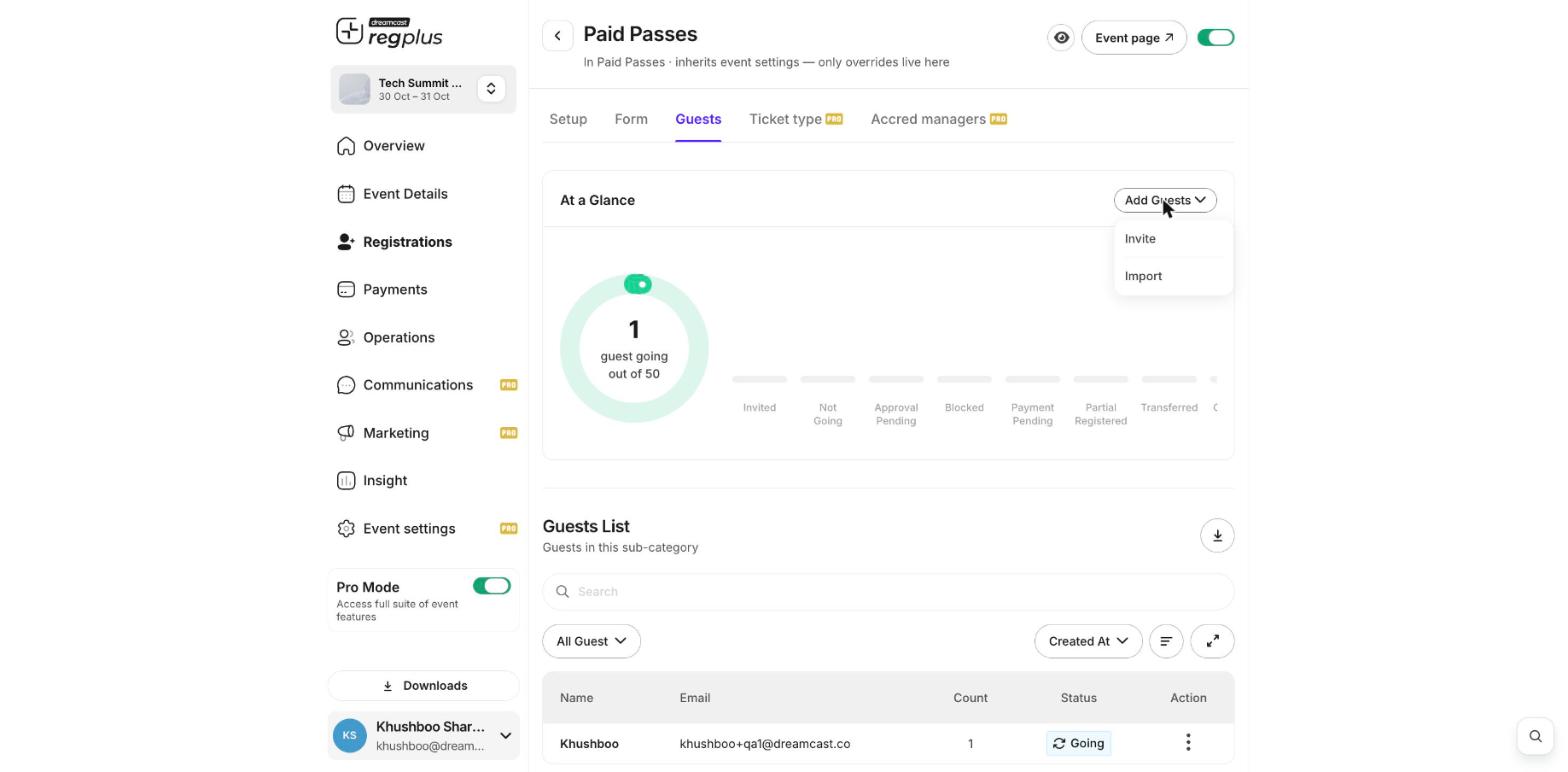 The Add Guests menu with Invite and Import options
