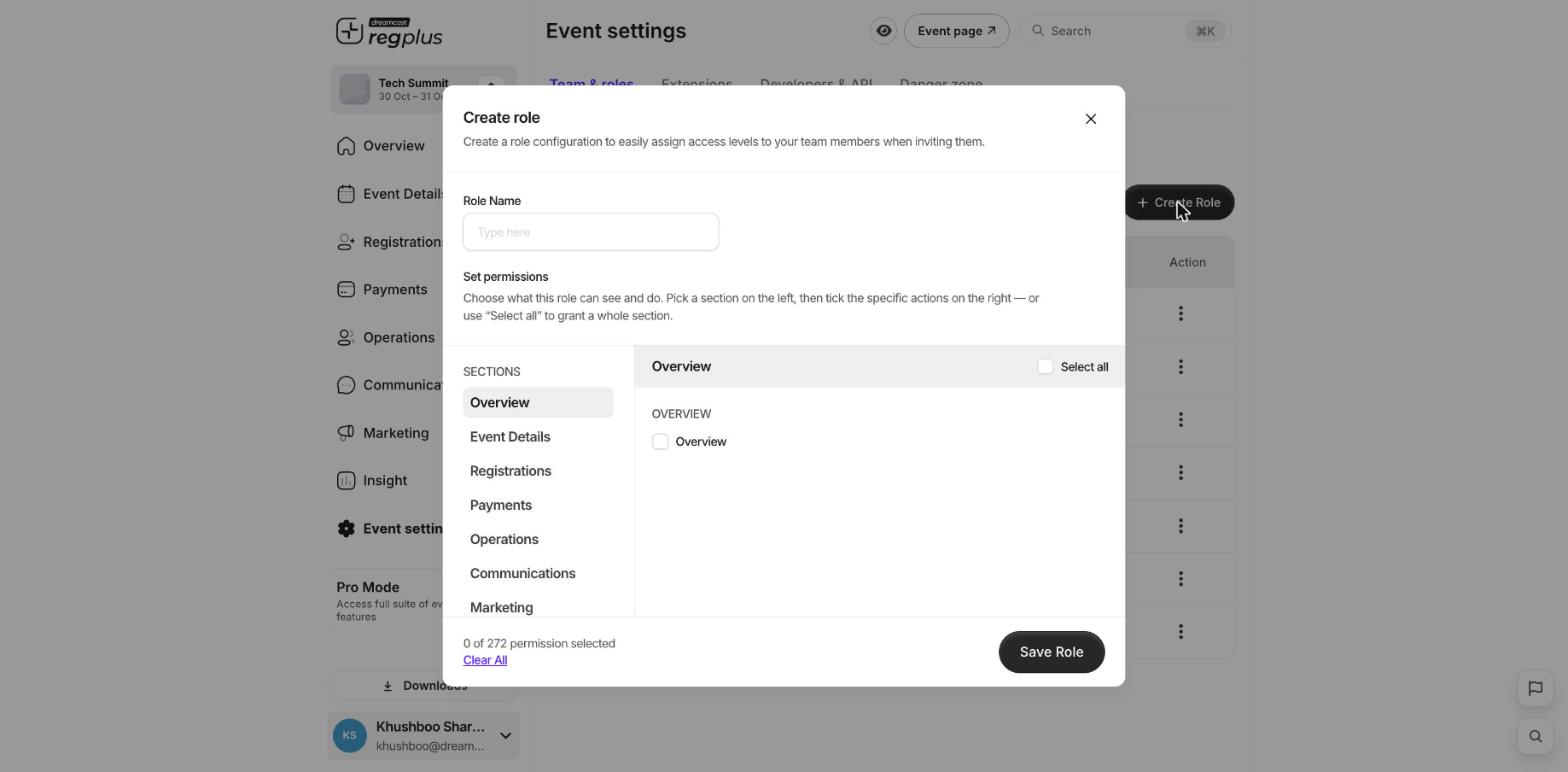 The Create role screen with sections and per-action permissions