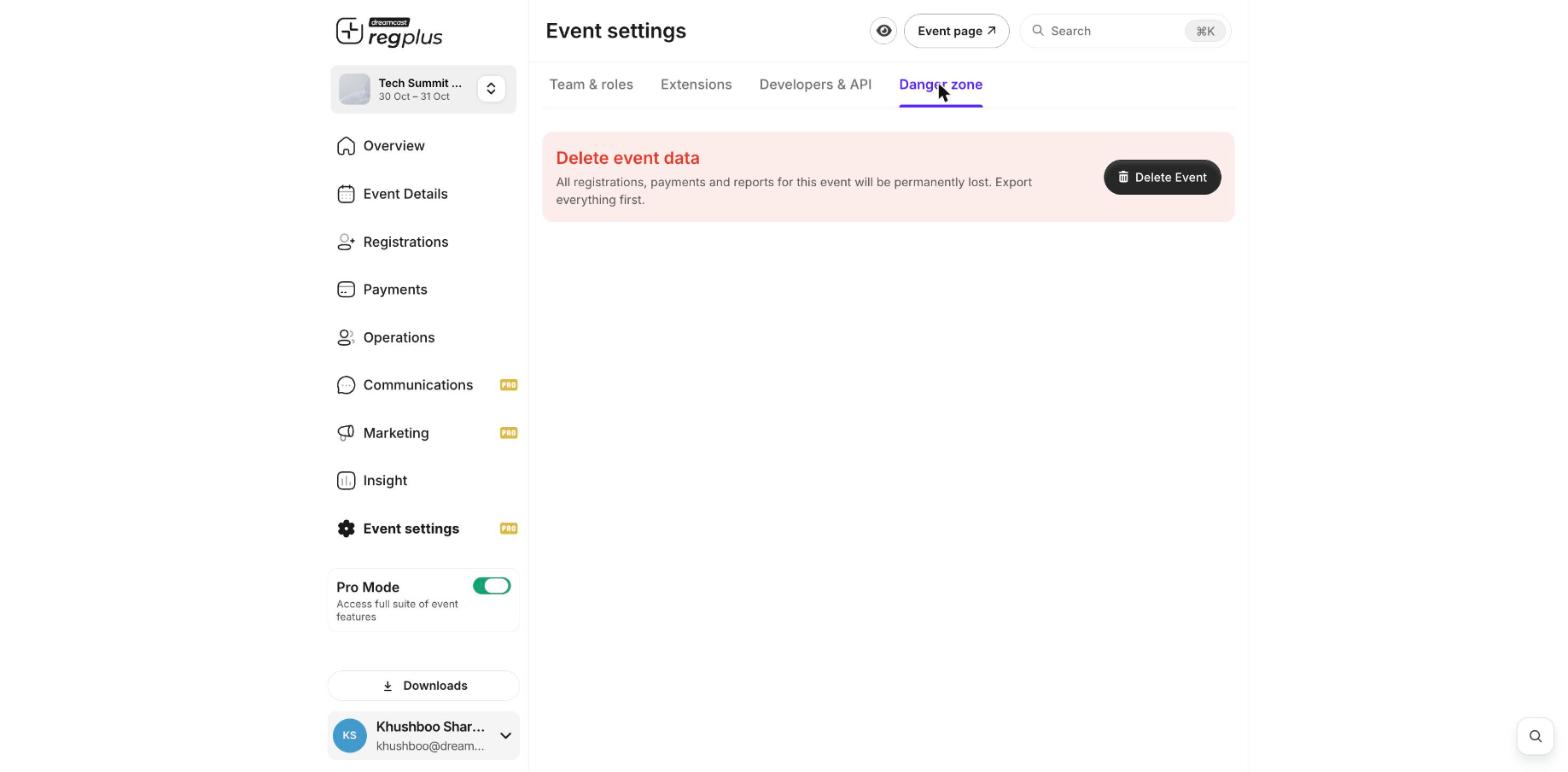The Danger zone tab with the Delete Event option