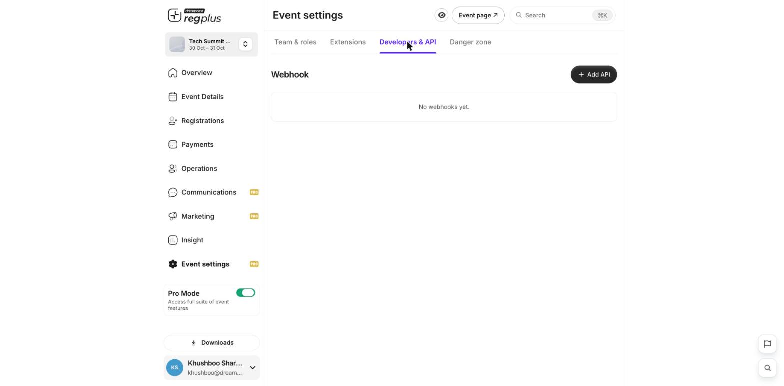 The Developers & API tab with the Add API button