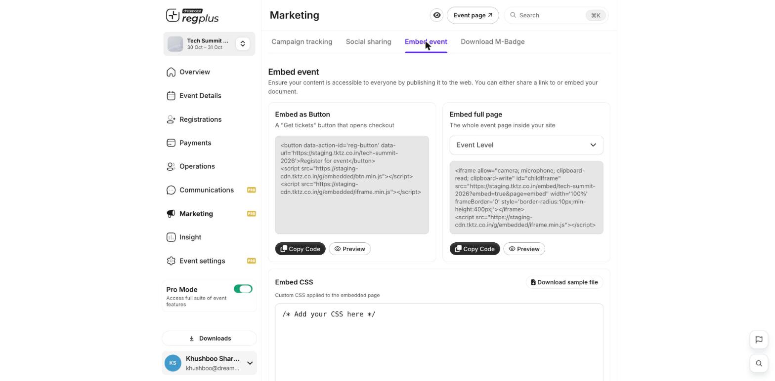 The Embed event tab showing the button and full-page embed code