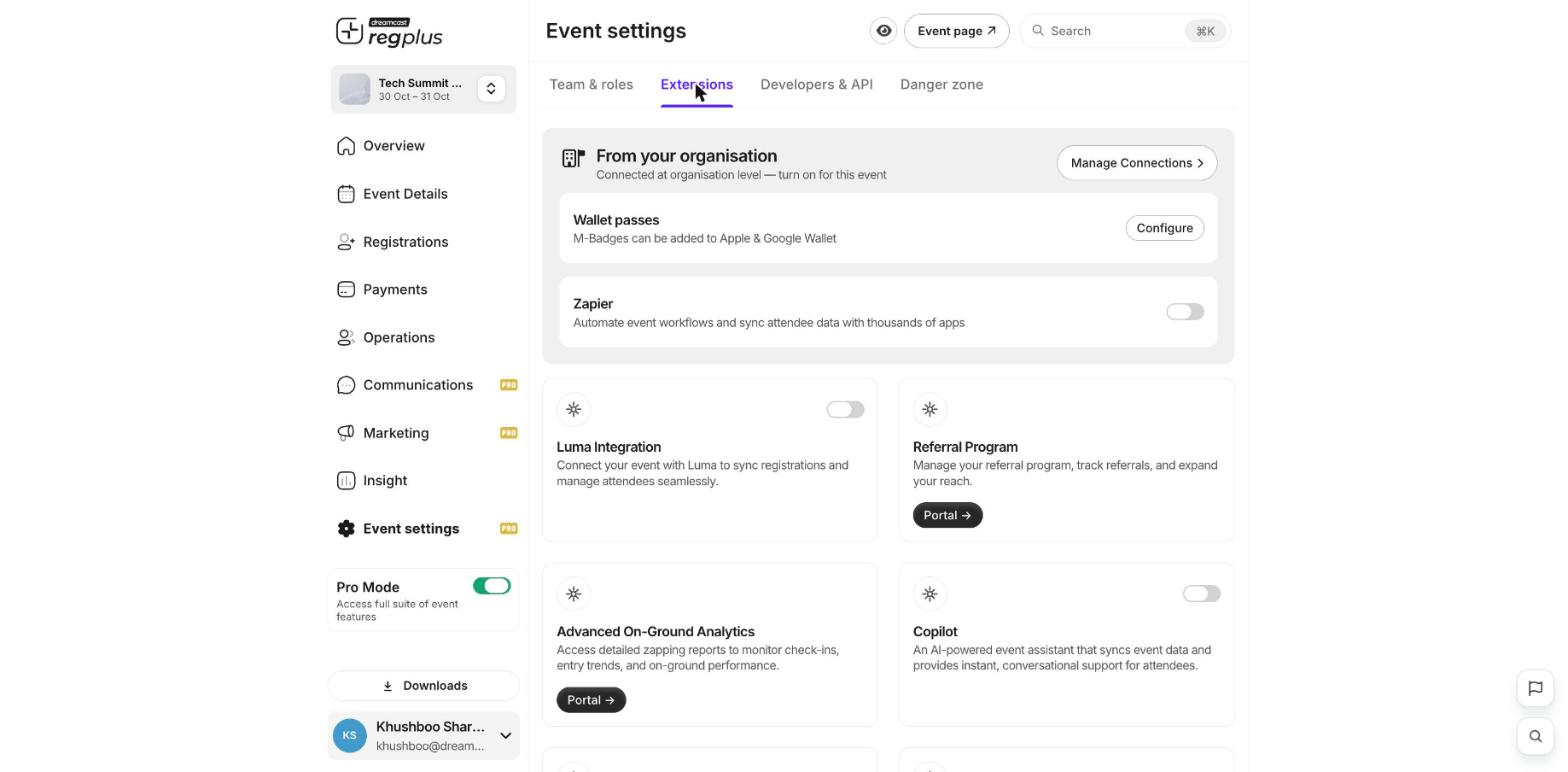 The Extensions tab with organisation tools and app cards