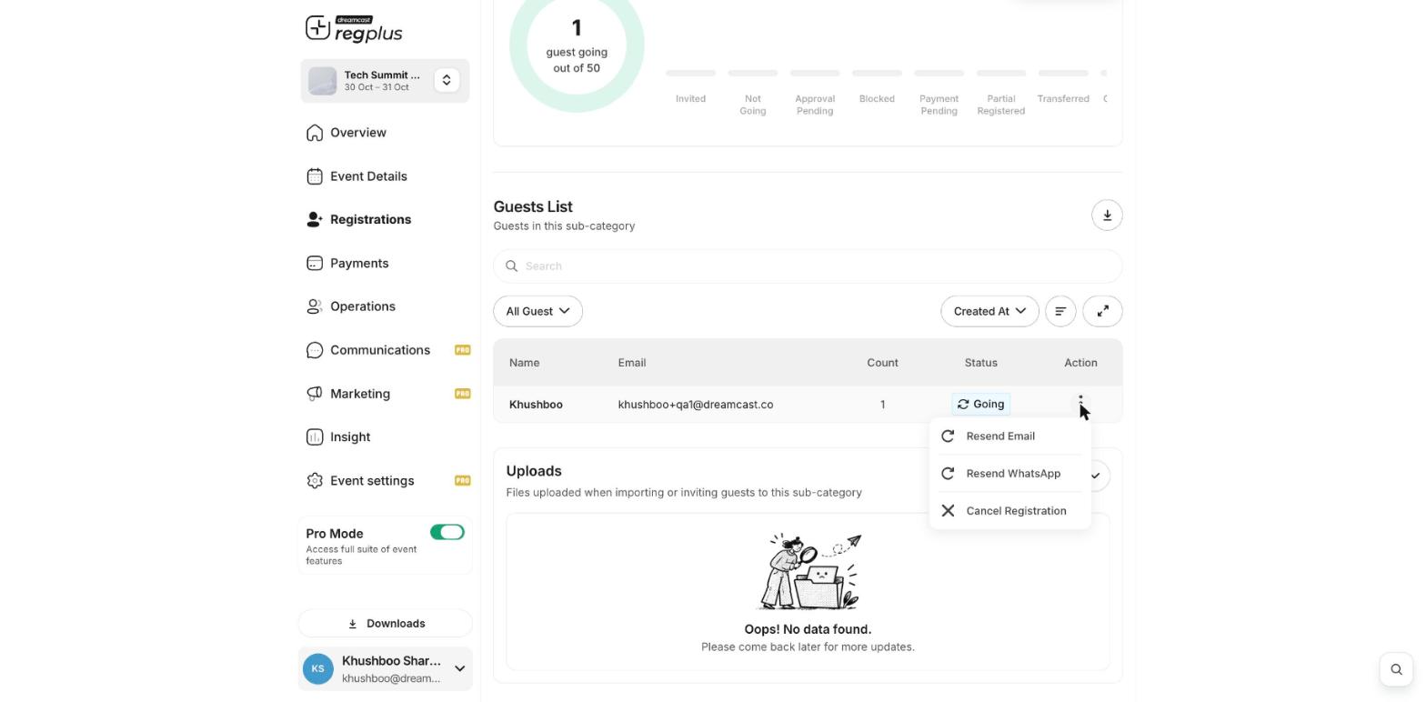The guest actions menu with Cancel Registration