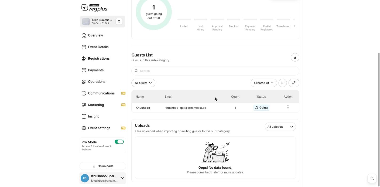 The Guests List with the download icon to export