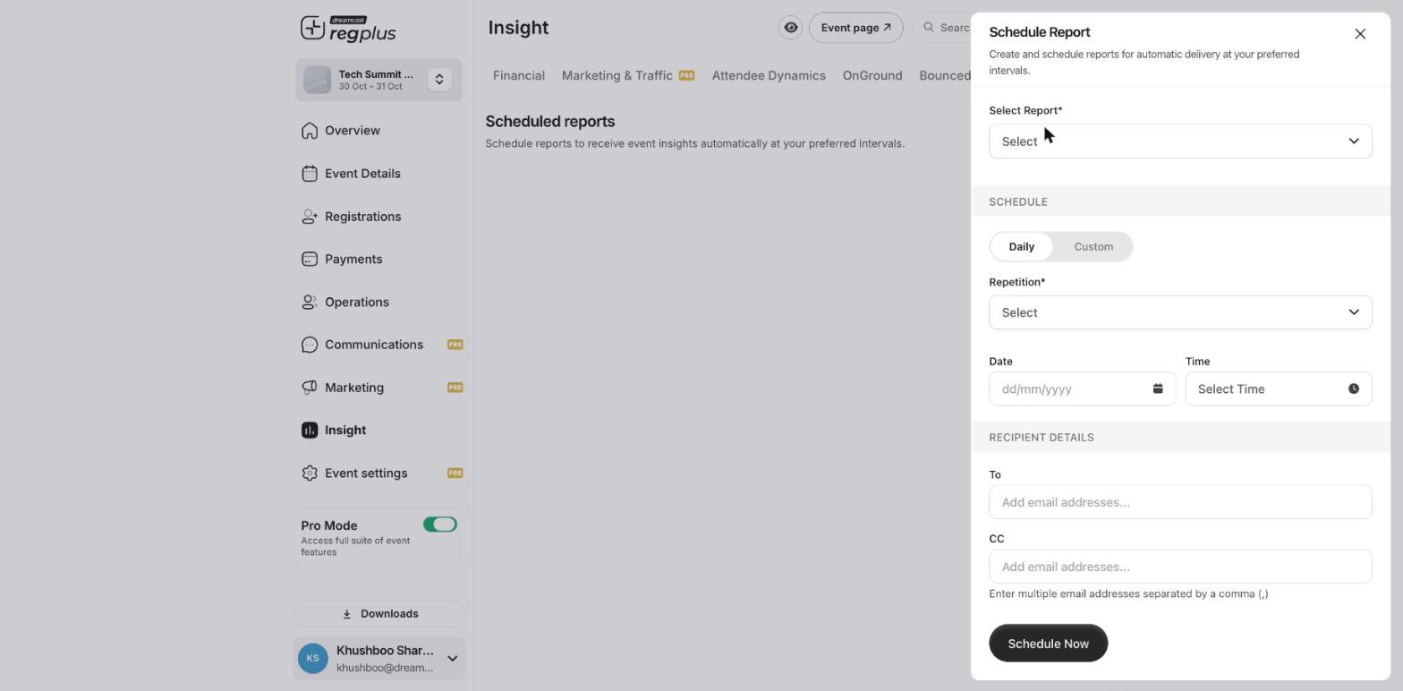 The Schedule Report form with report, schedule and recipient fields
