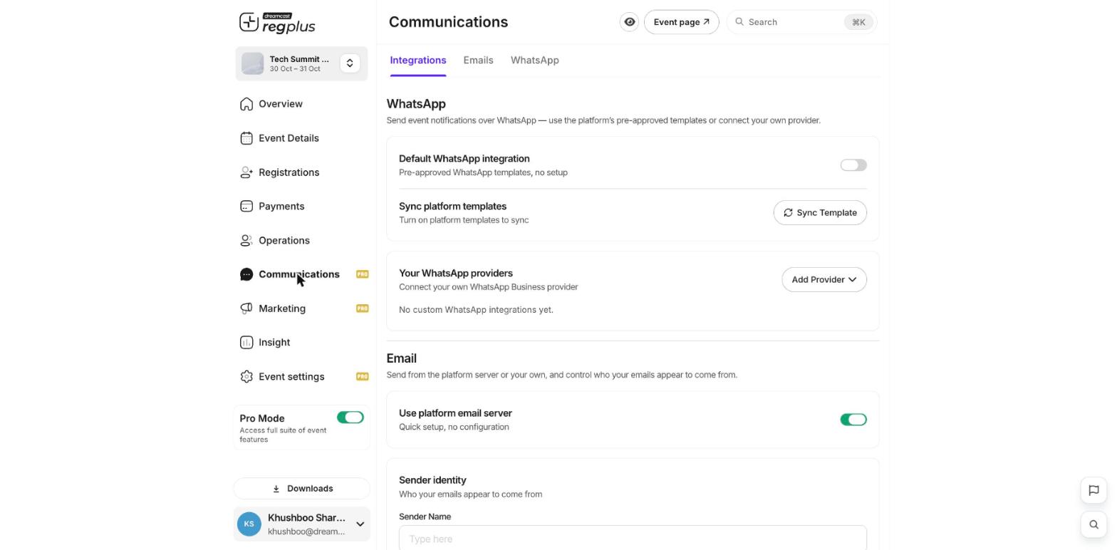 The Integrations tab showing WhatsApp and email setup options
