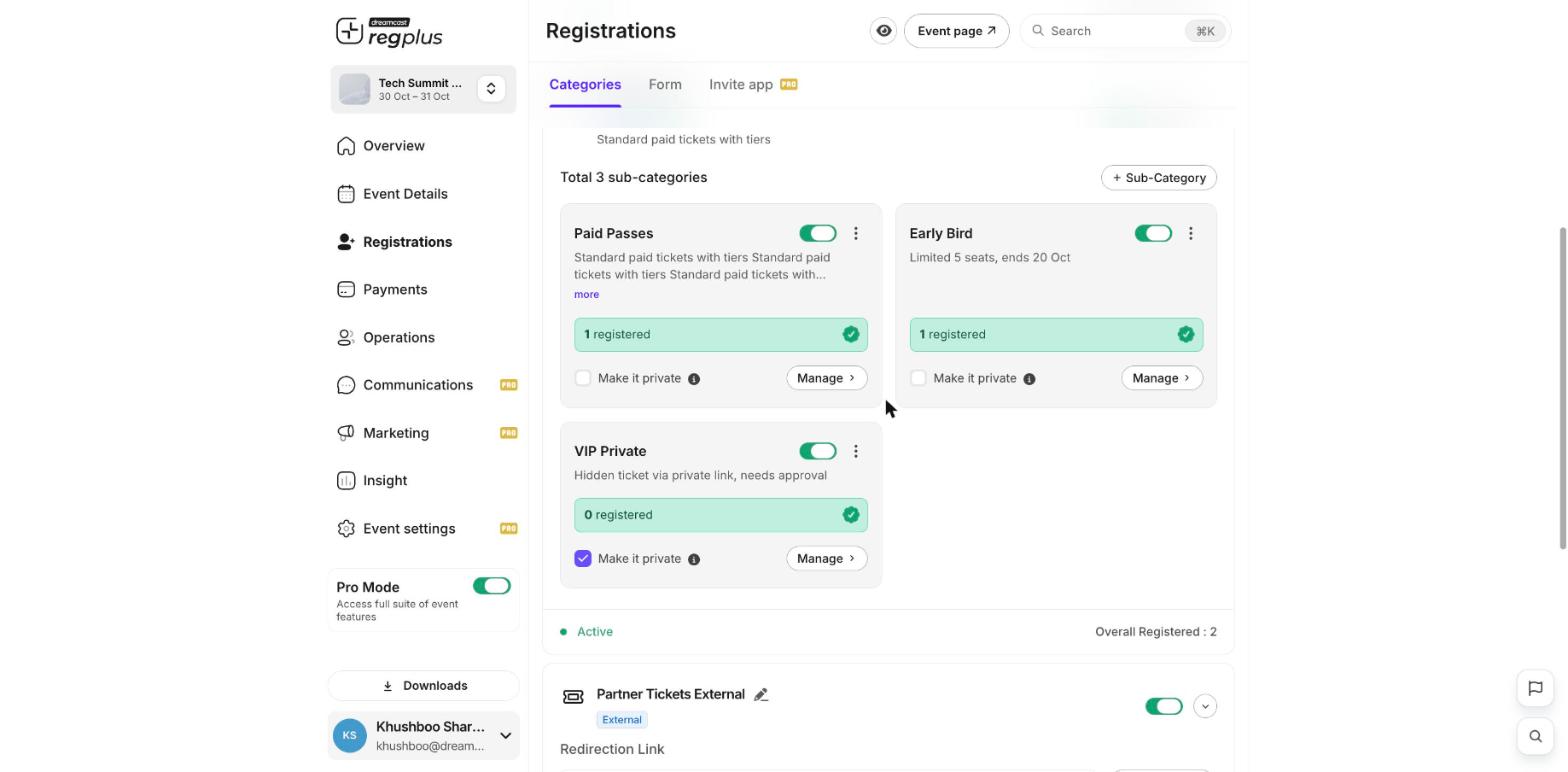 Ticket types with the Make it private option, including a private VIP ticket