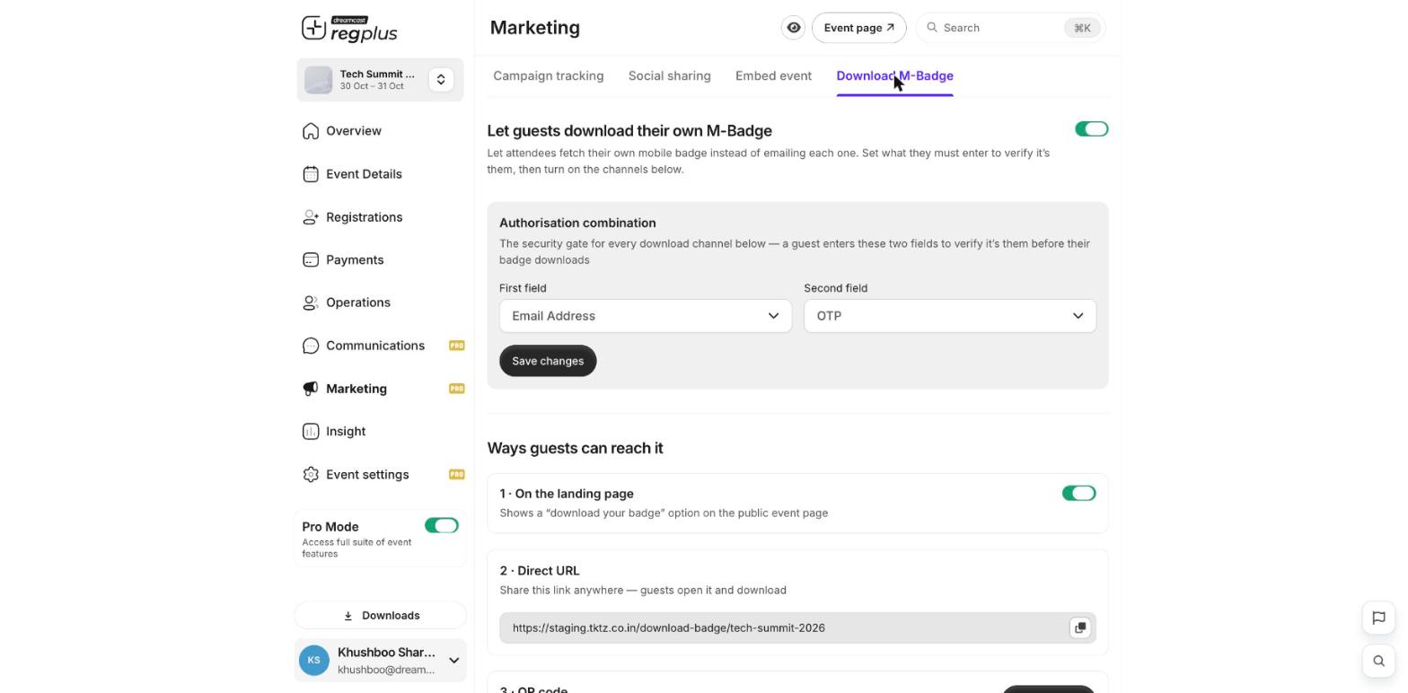 The Download M-Badge tab with the authorisation fields and sharing channels
