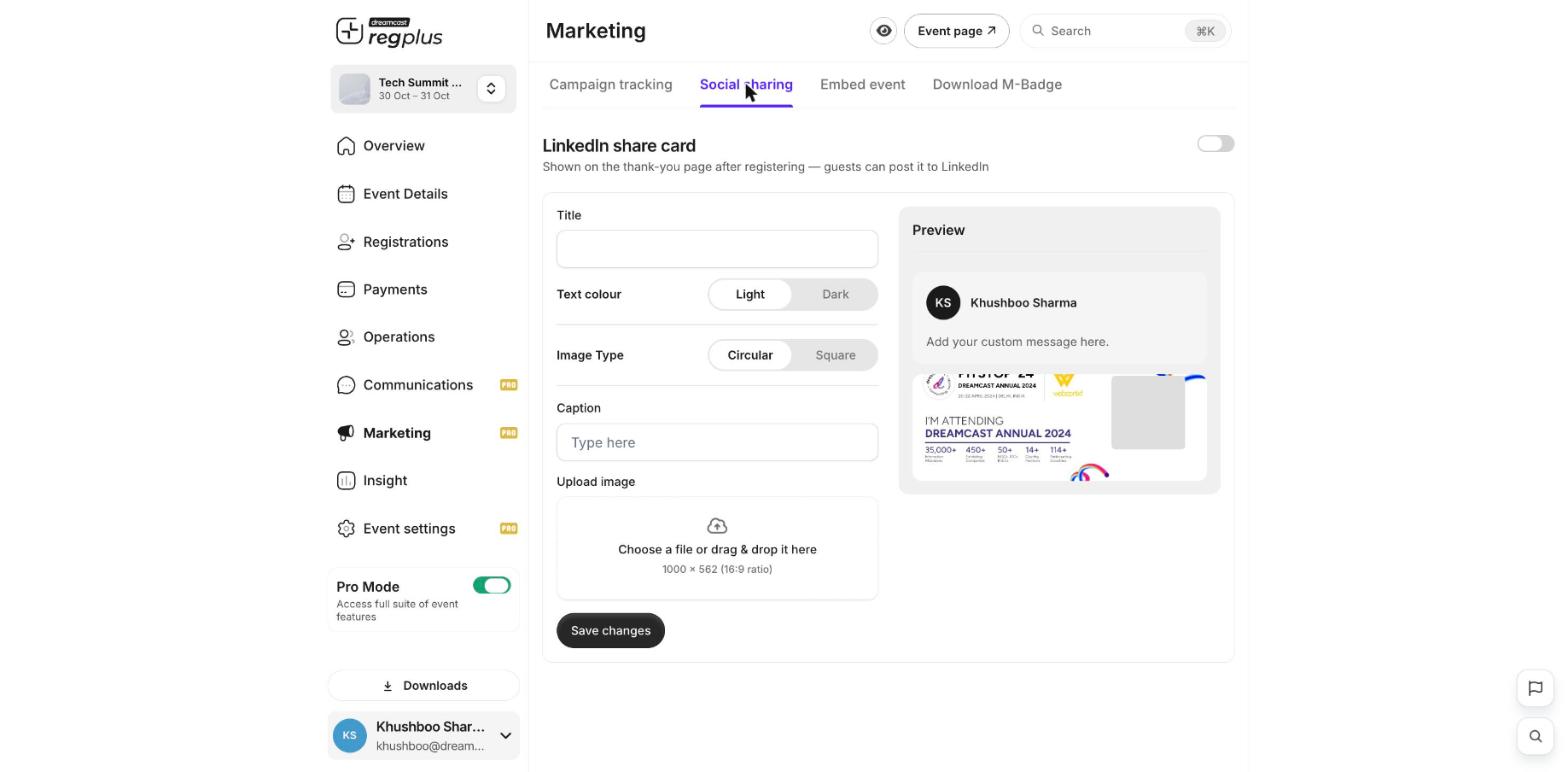 The Social sharing tab with the LinkedIn share card settings and a live preview