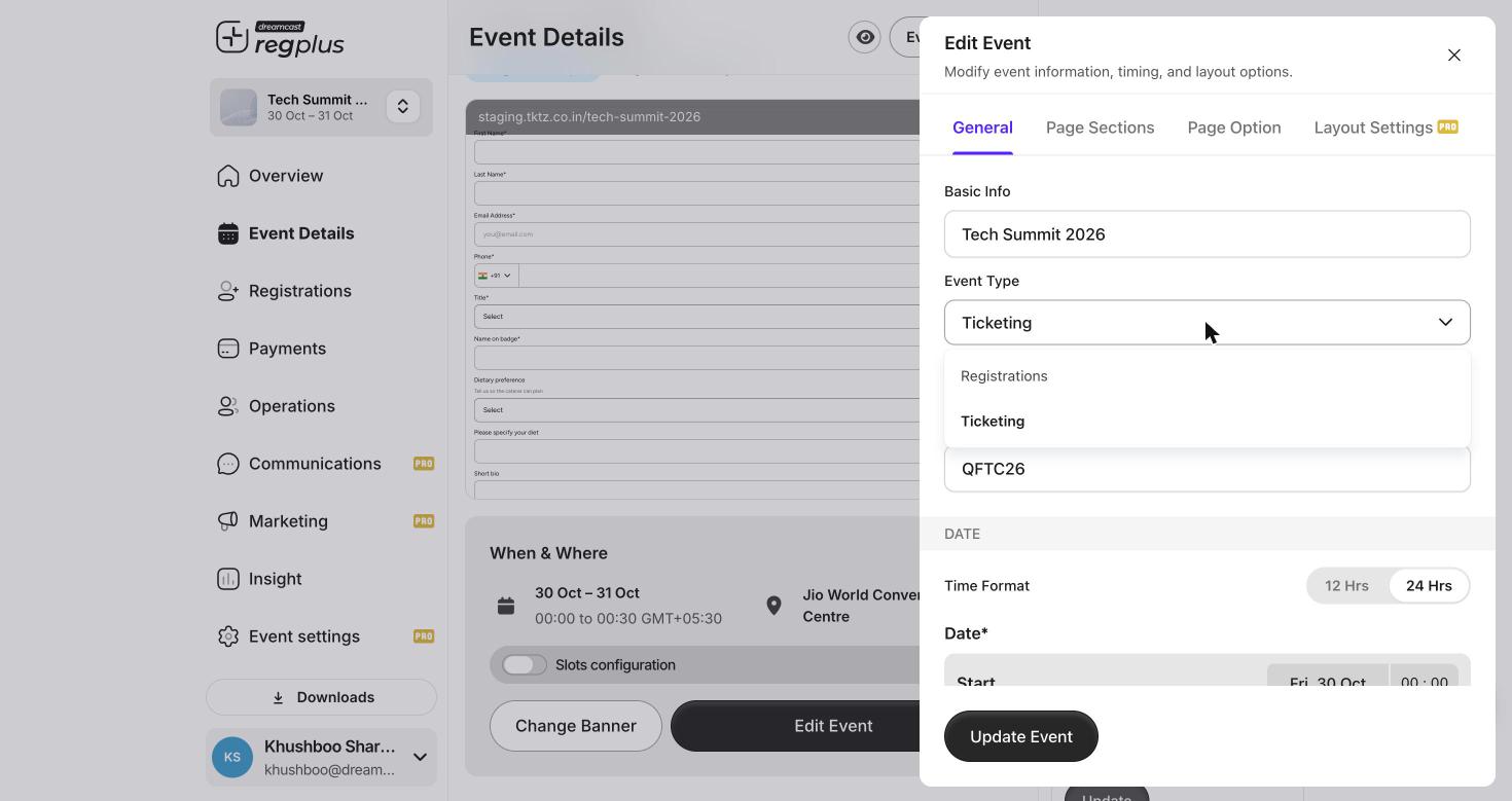 Event Type dropdown showing Registrations and Ticketing