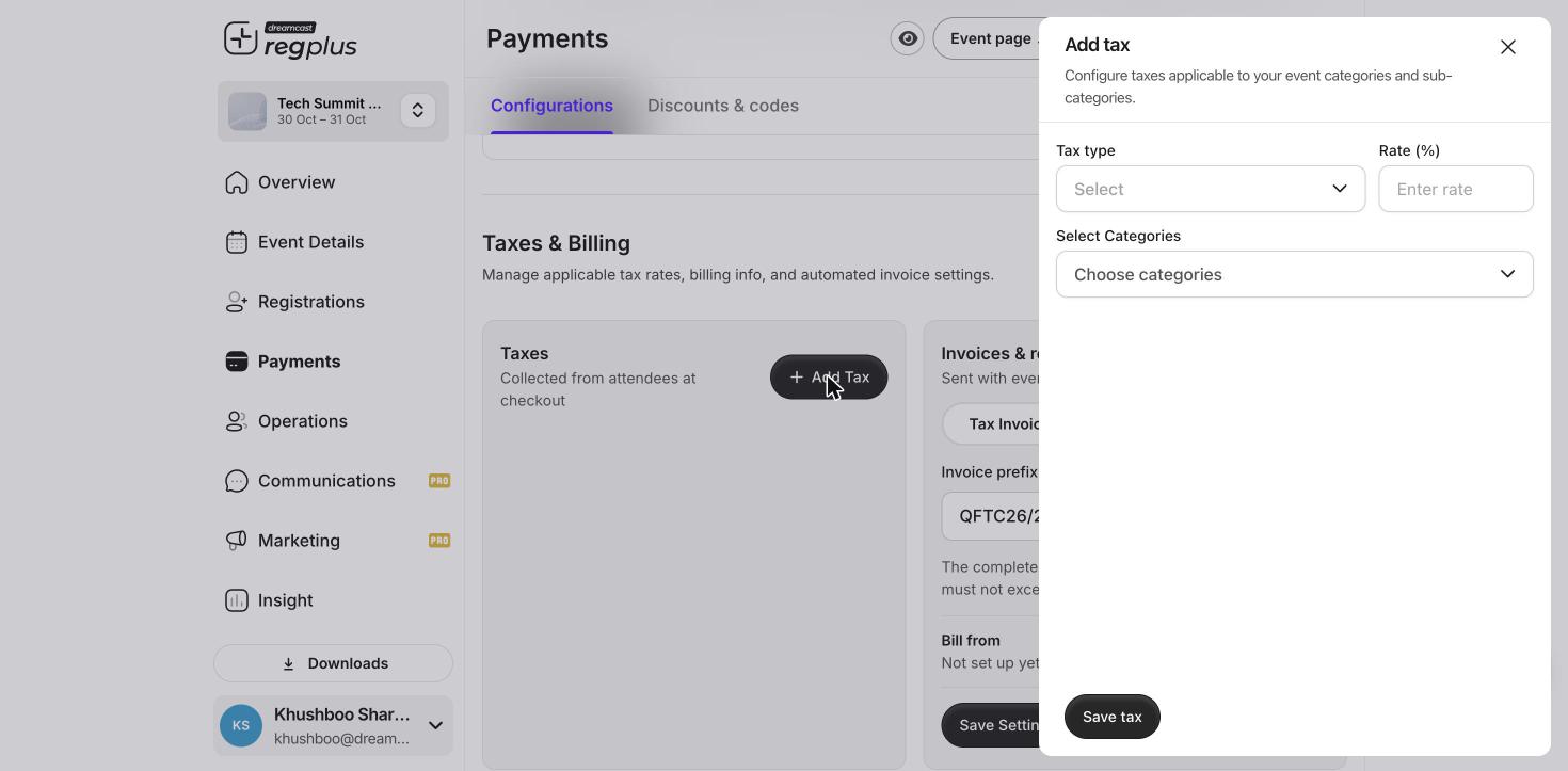 The Add tax dialog with tax type, rate and category selection