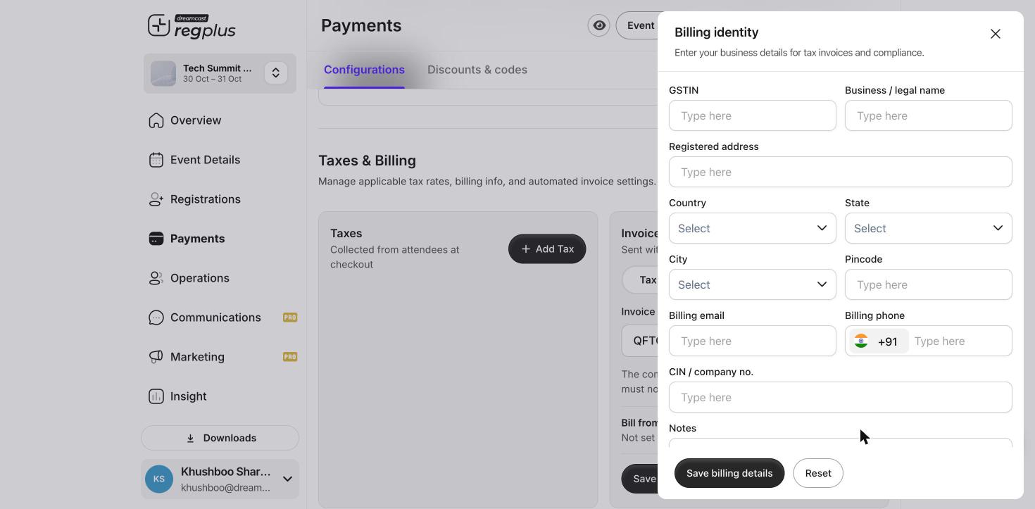 The Billing identity form with GSTIN, business name, registered address and contact fields