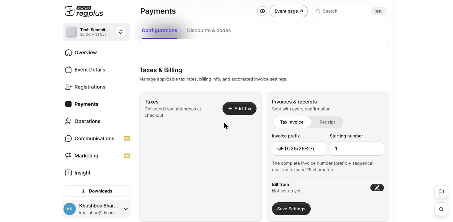 The Taxes and Billing section with taxes, invoices and receipts, and bill-from settings