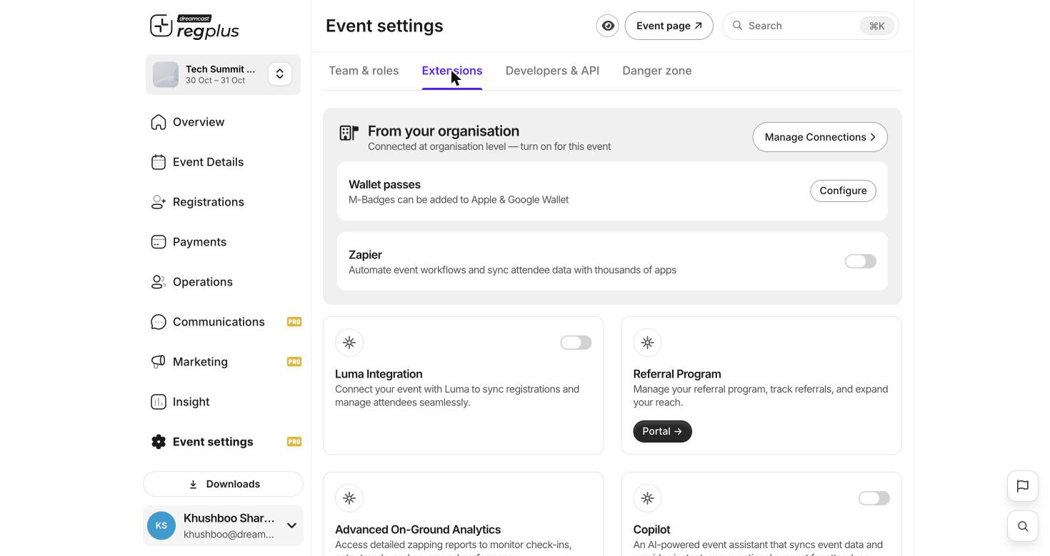 Extensions tab with Wallet passes, Zapier and extension cards
