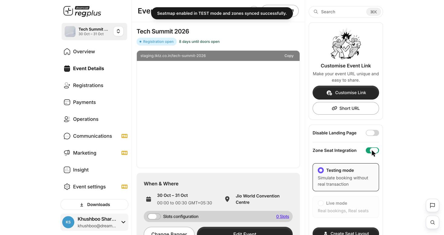 Zone Seat Integration with Testing mode, Live mode and Create Seat Layout