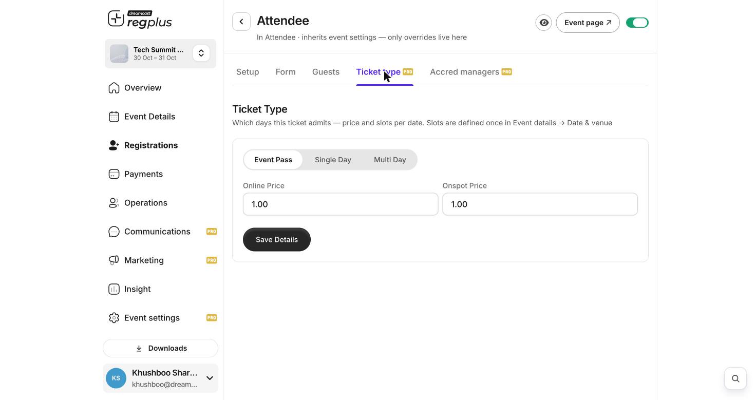 Ticket type tab with Event Pass, Single Day, Multi Day and Online/Onspot price