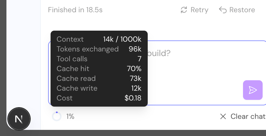 Assistant summary showing context used, tokens exchanged, tool calls, and cost