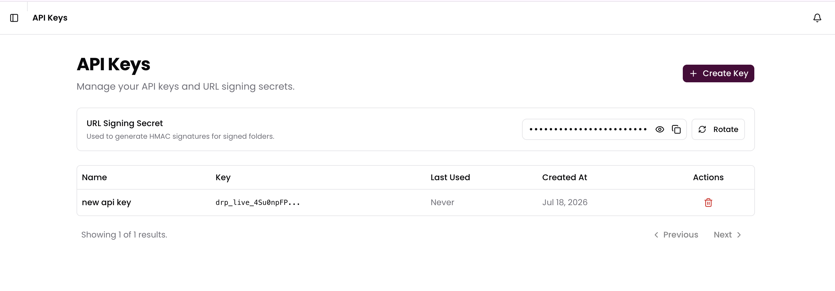 Finding the URL Signing Secret in the Dashboard