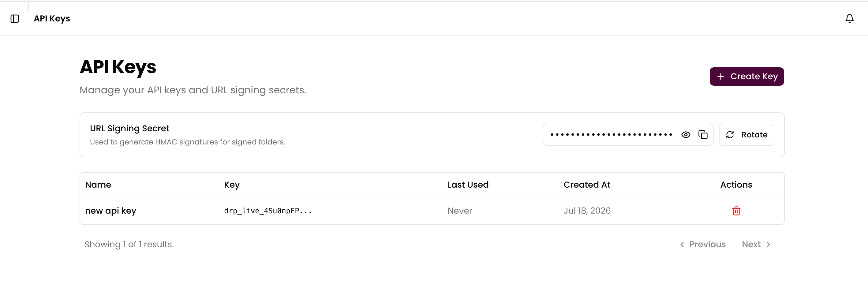 Finding the URL Signing Secret in the Dashboard