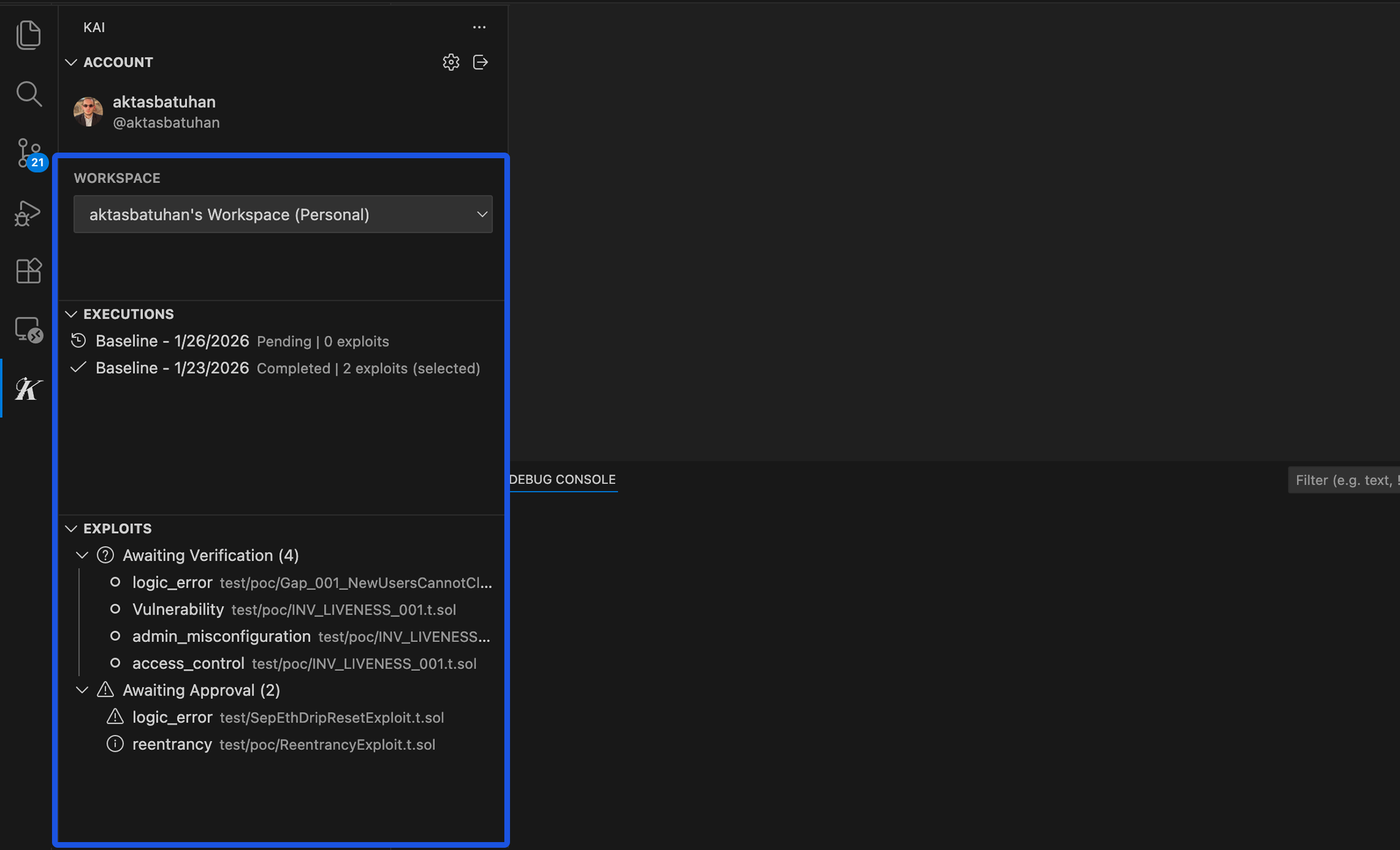 Scan results and exploits list in Kai