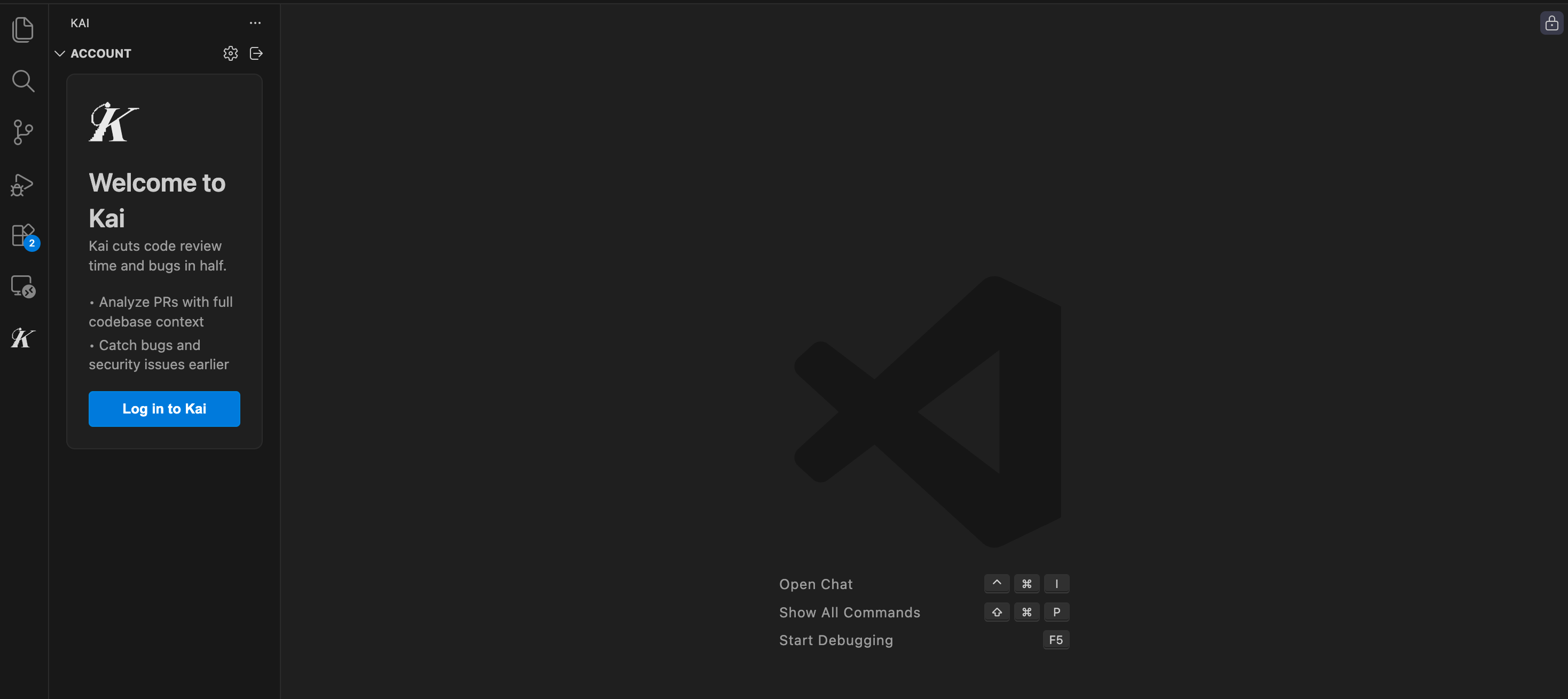 Kai login screen in VS Code