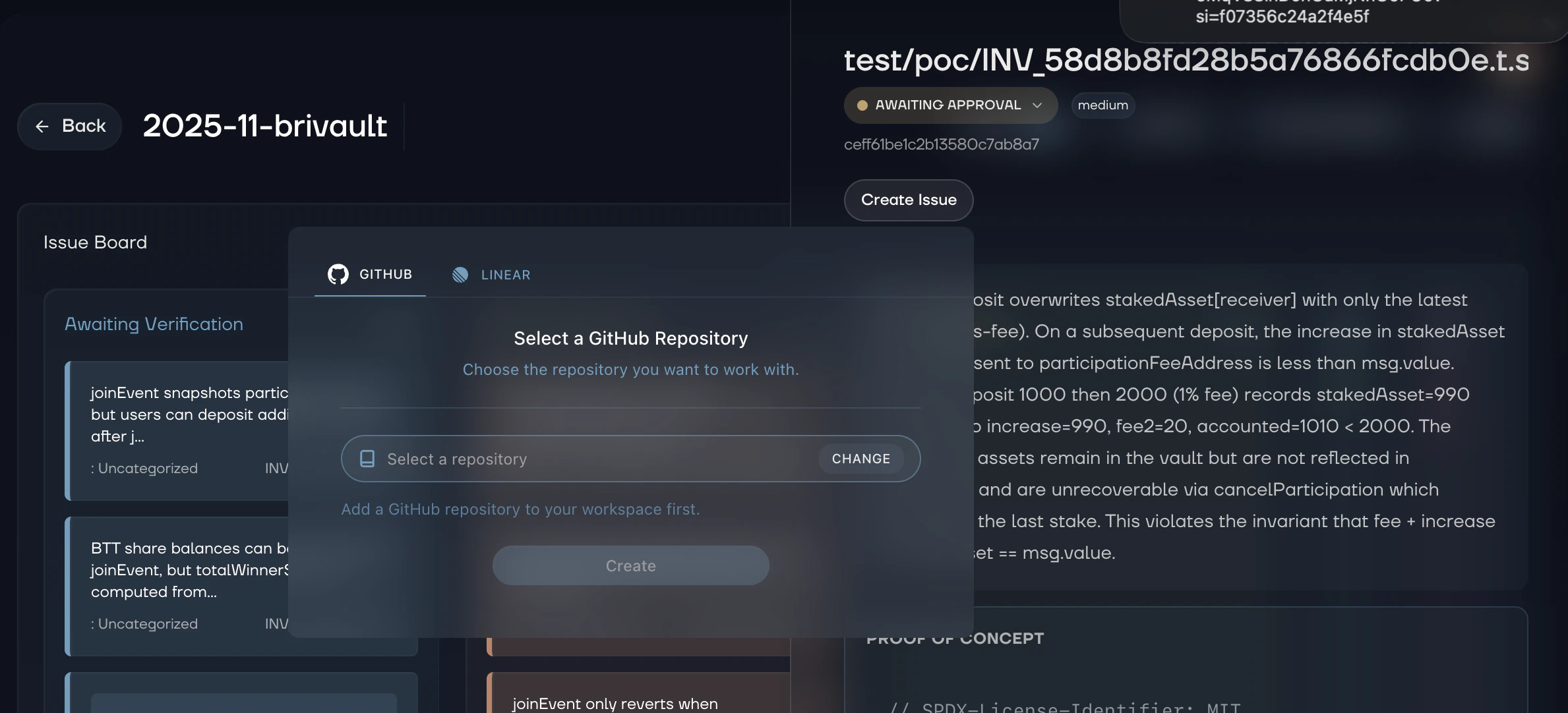 Create issue drawer with GitHub repository selector