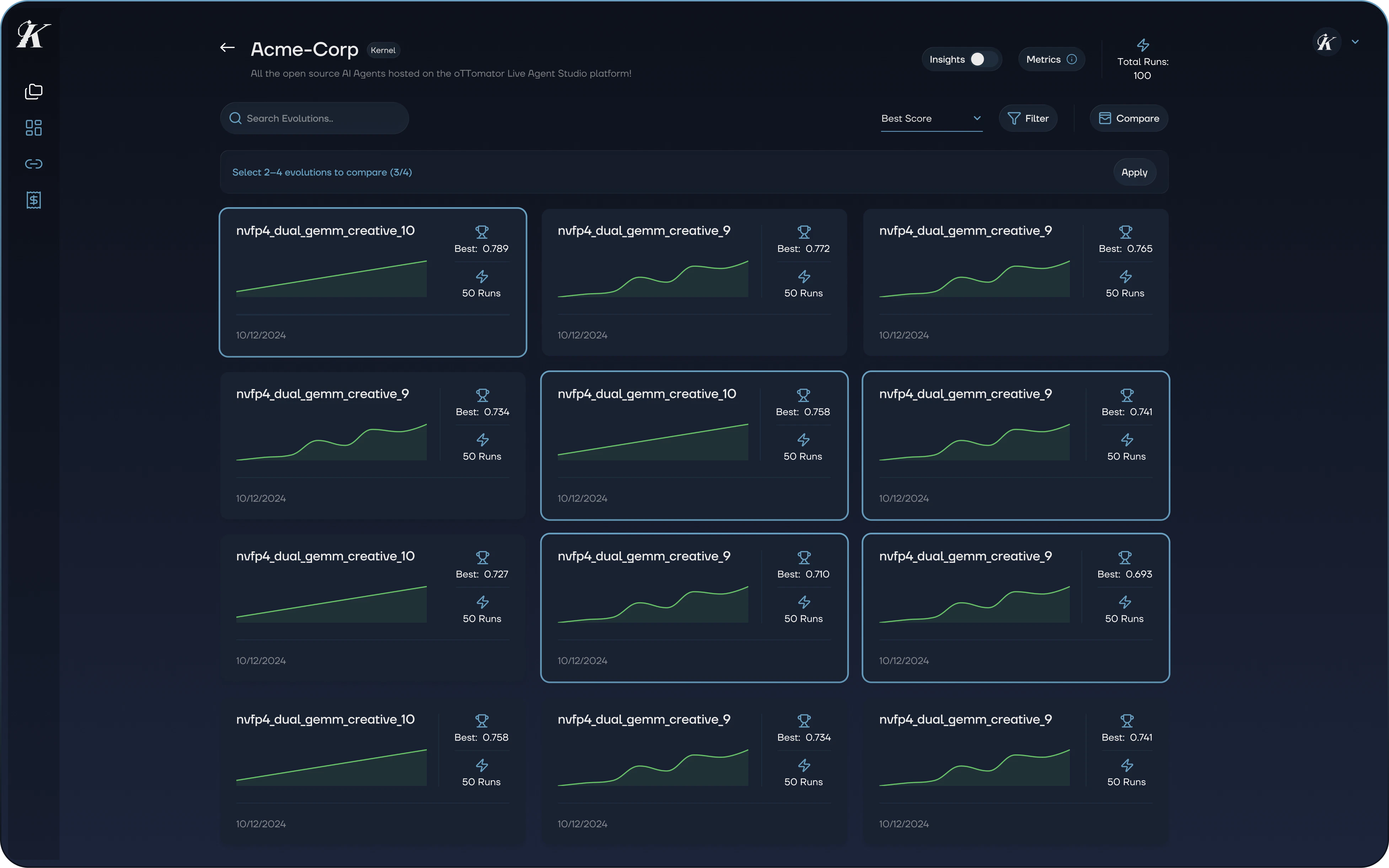Repository detail page with evolution cards selected for comparison