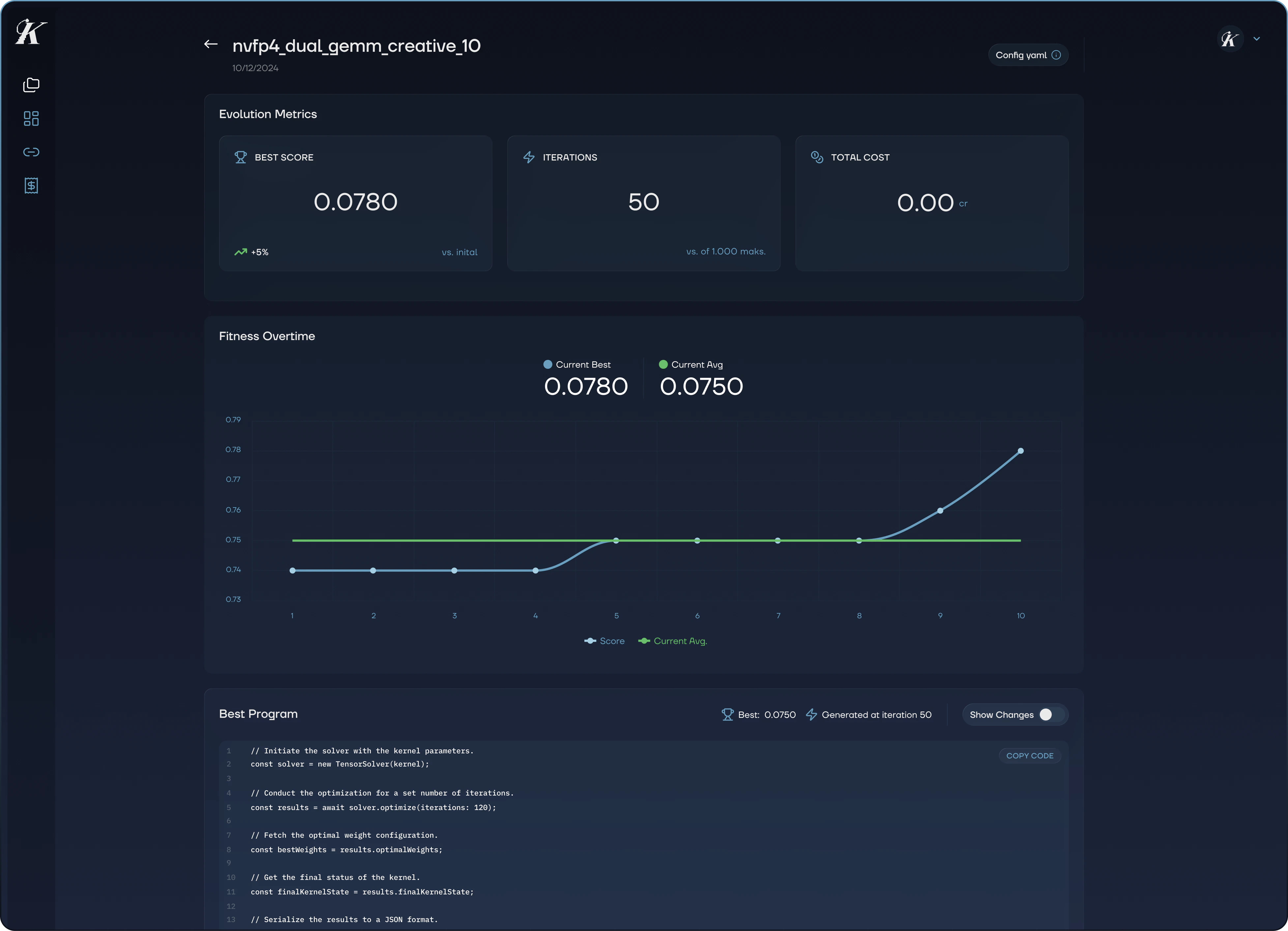 Evolution detail page showing metrics, fitness chart, and best program