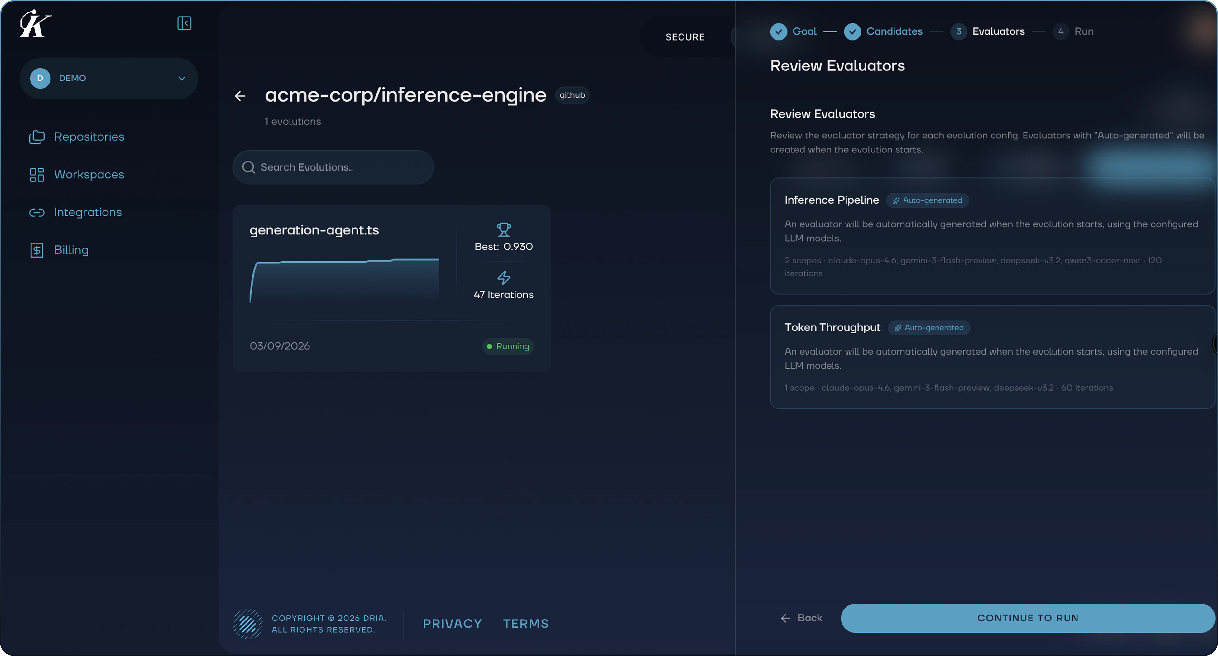 Evaluator review step showing auto-generated evaluators for each candidate