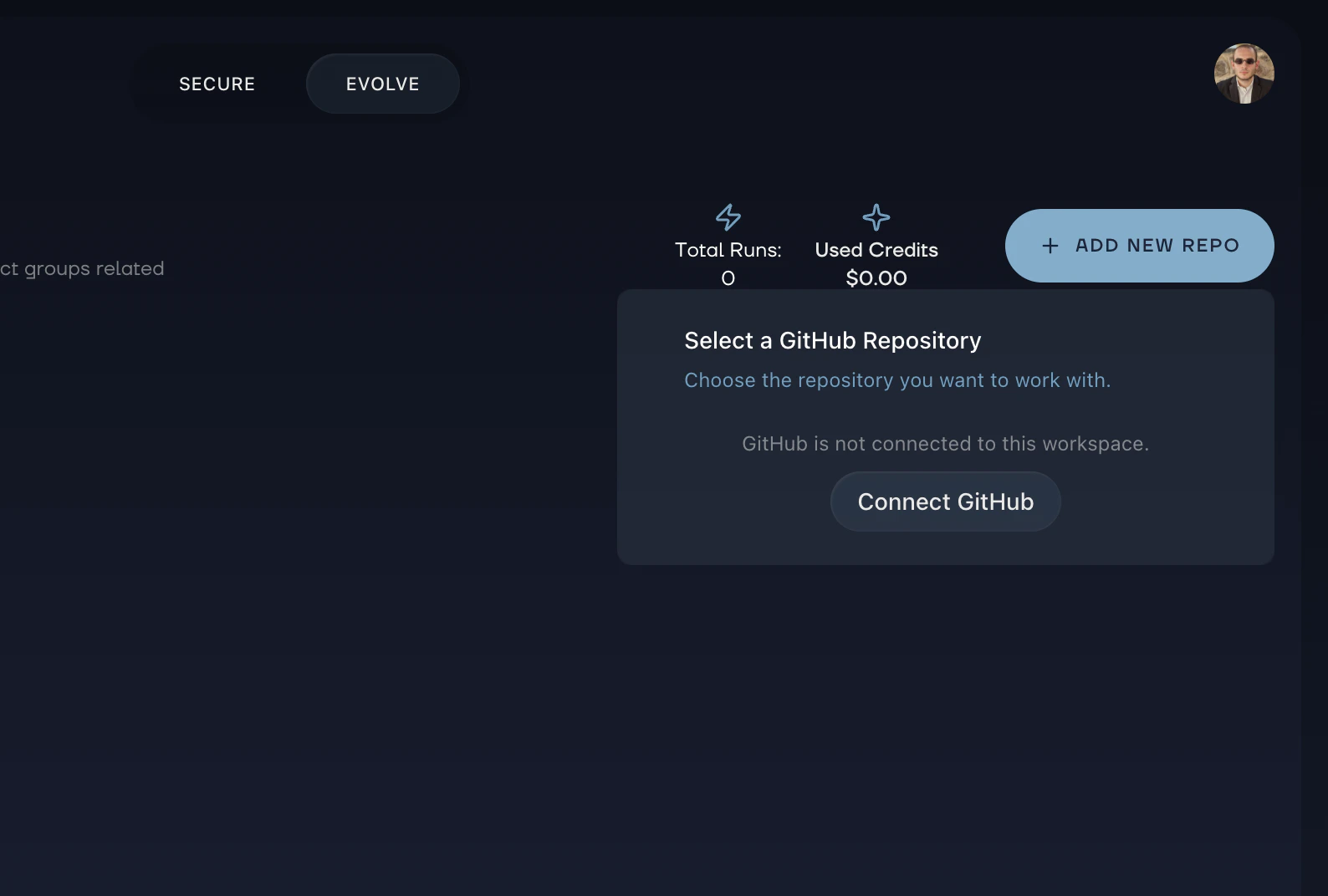 Evolve page showing repository selection and Add New Repo button