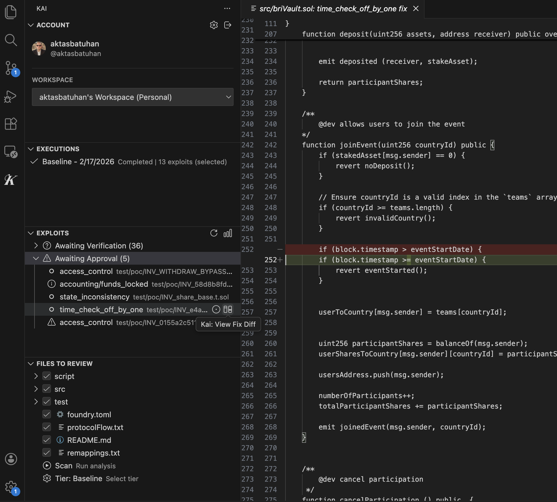 Inline diff view showing suggested fix in VS Code