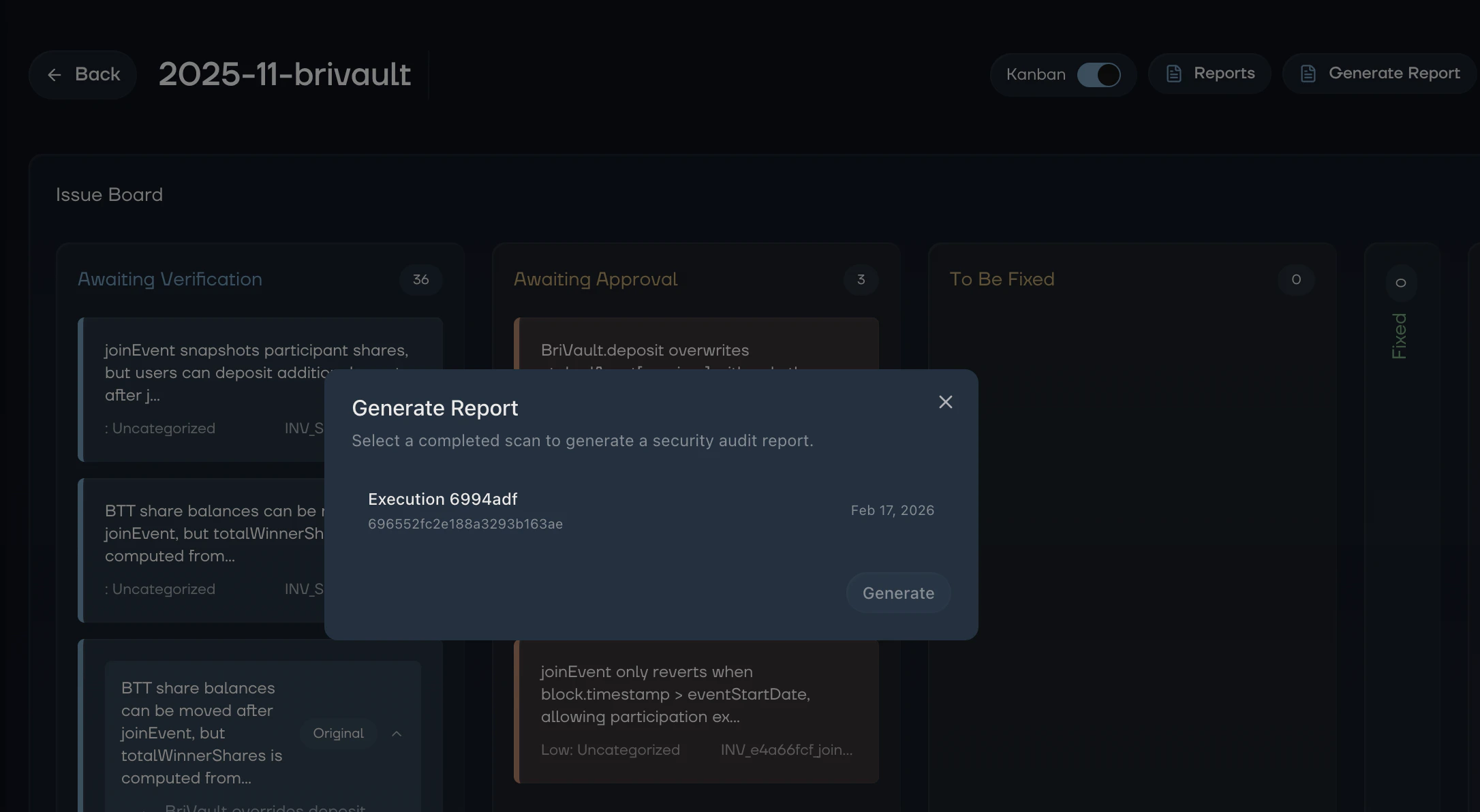 Generate Report dialog with execution selector