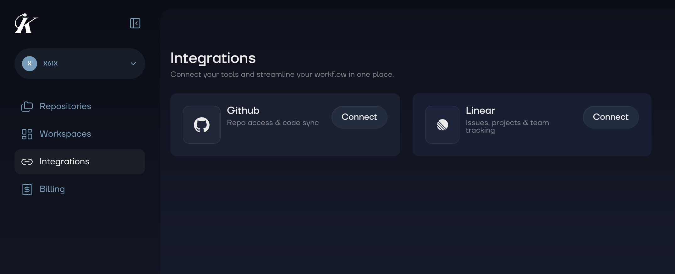 Integrations page in the web dashboard