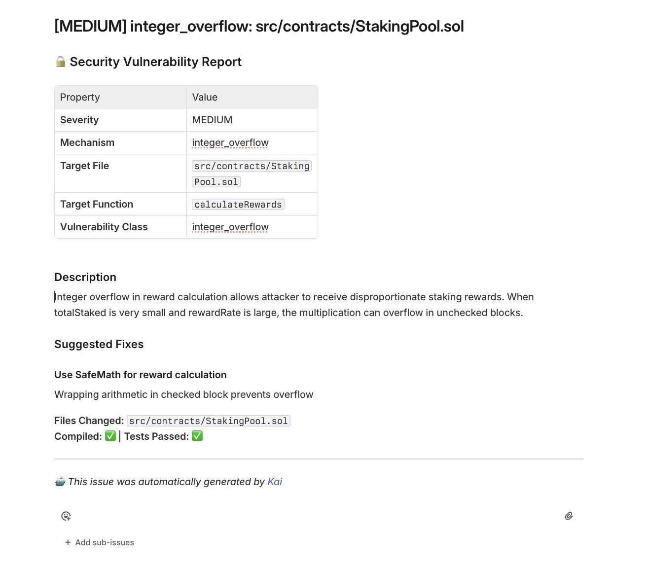 Example Linear issue created by Kai with vulnerability details
