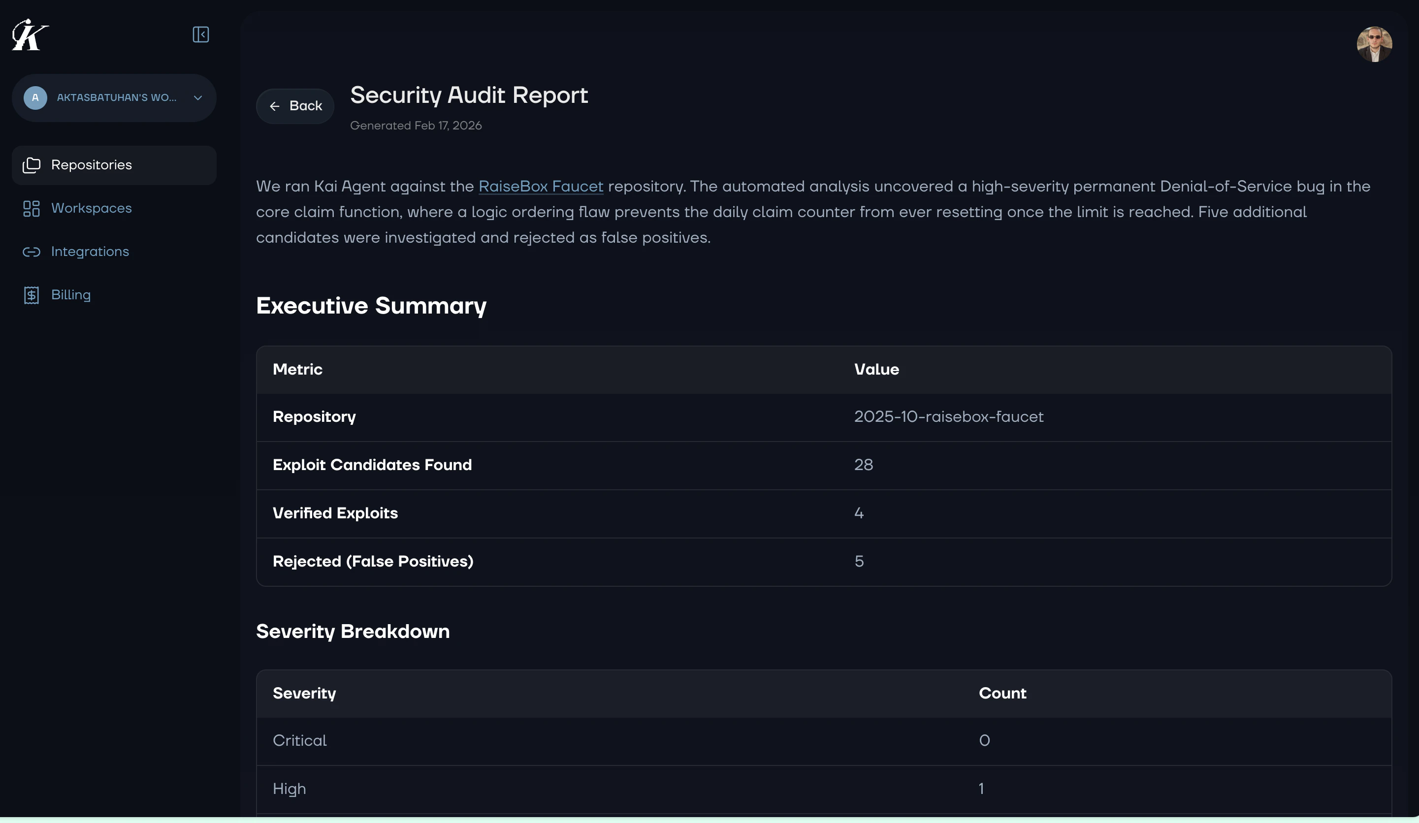 Security audit report with executive summary and severity breakdown