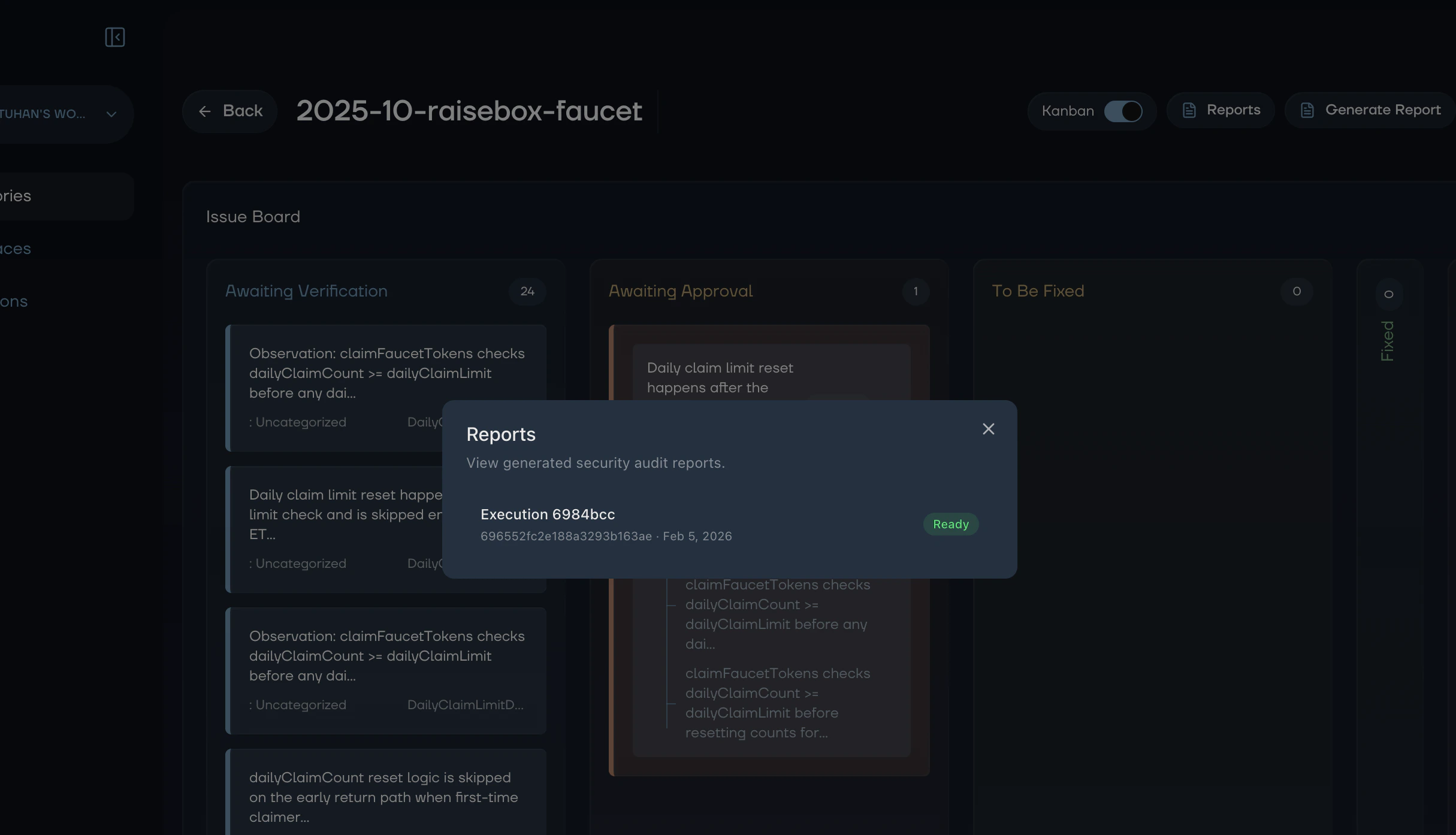 Reports dialog showing generated reports