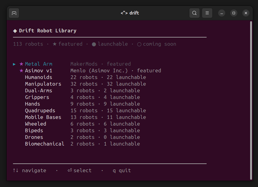 Drift Robot Library main menu — categorized list of robots with categories, makers, and models