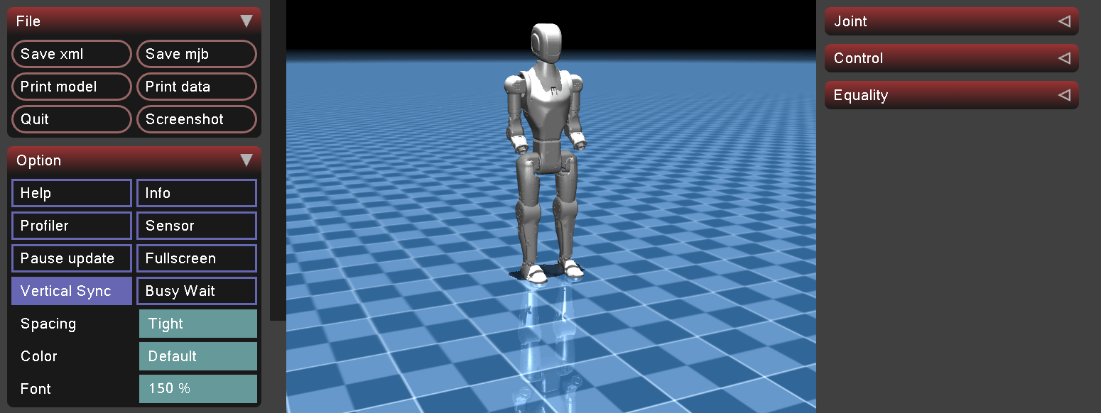 Menlo Asimov v1 humanoid in the MuJoCo viewer, standing at its home pose on the ground plane
