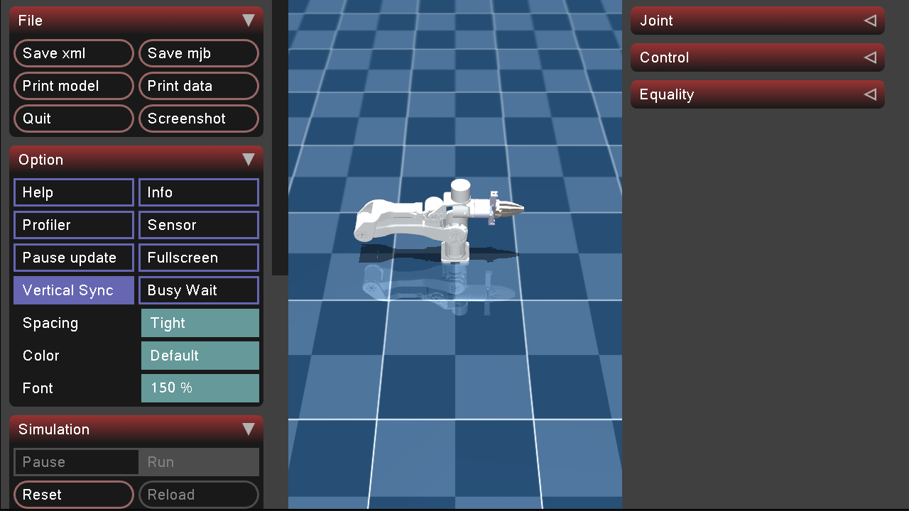 MakerMods Metal Arm 6-DOF manipulator in the MuJoCo viewer, folded at rest on its bench mount