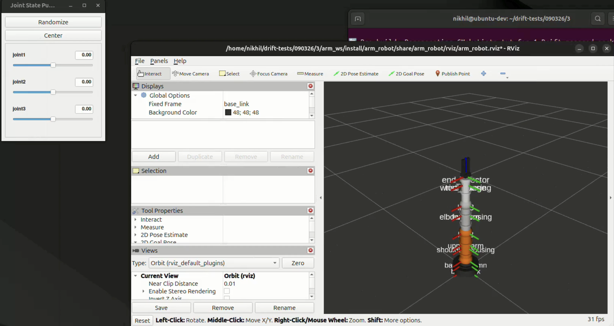 3-joint manipulator arm rendered in RViz with Joint State Publisher sliders