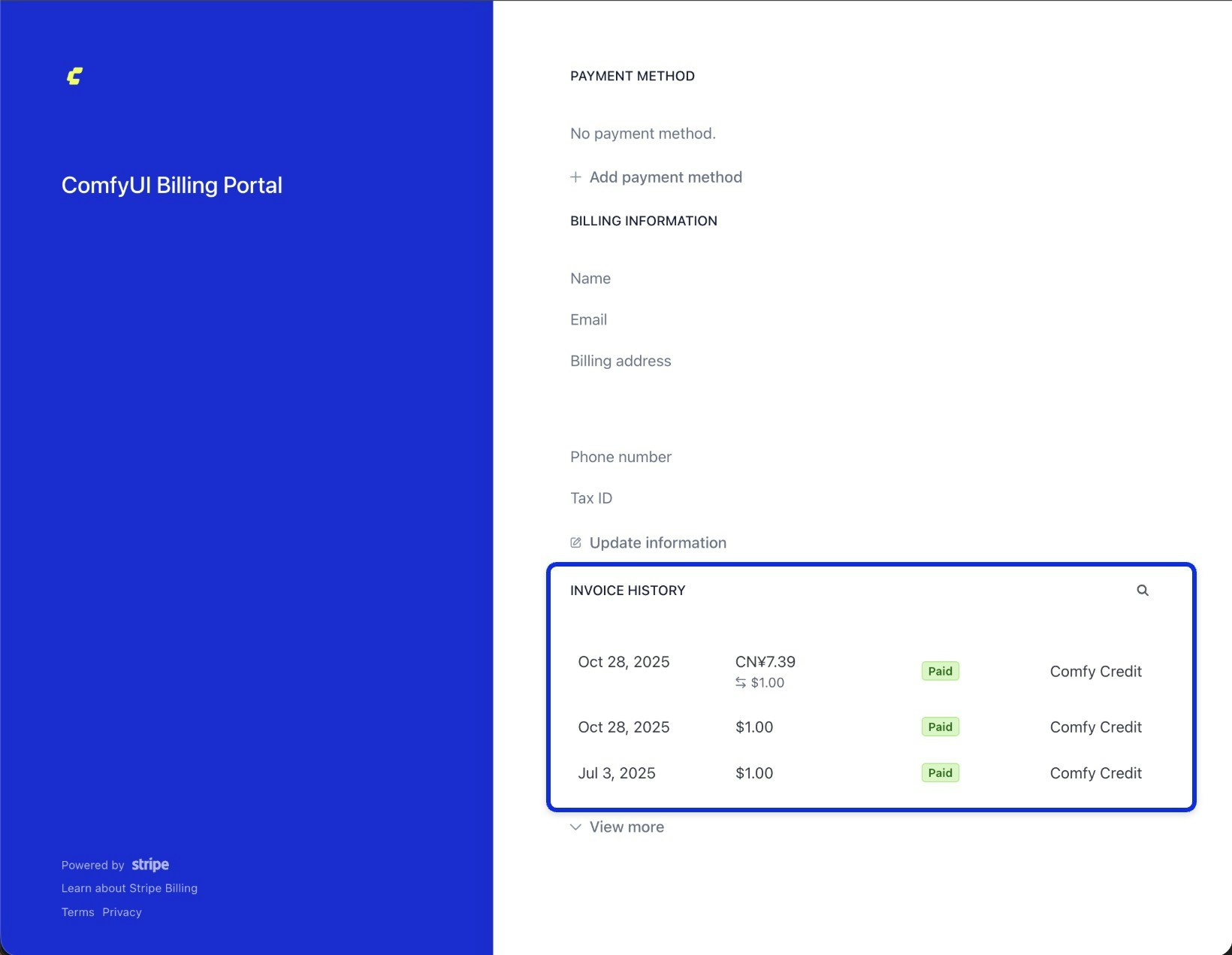 Stripe billing portal showing invoice history table