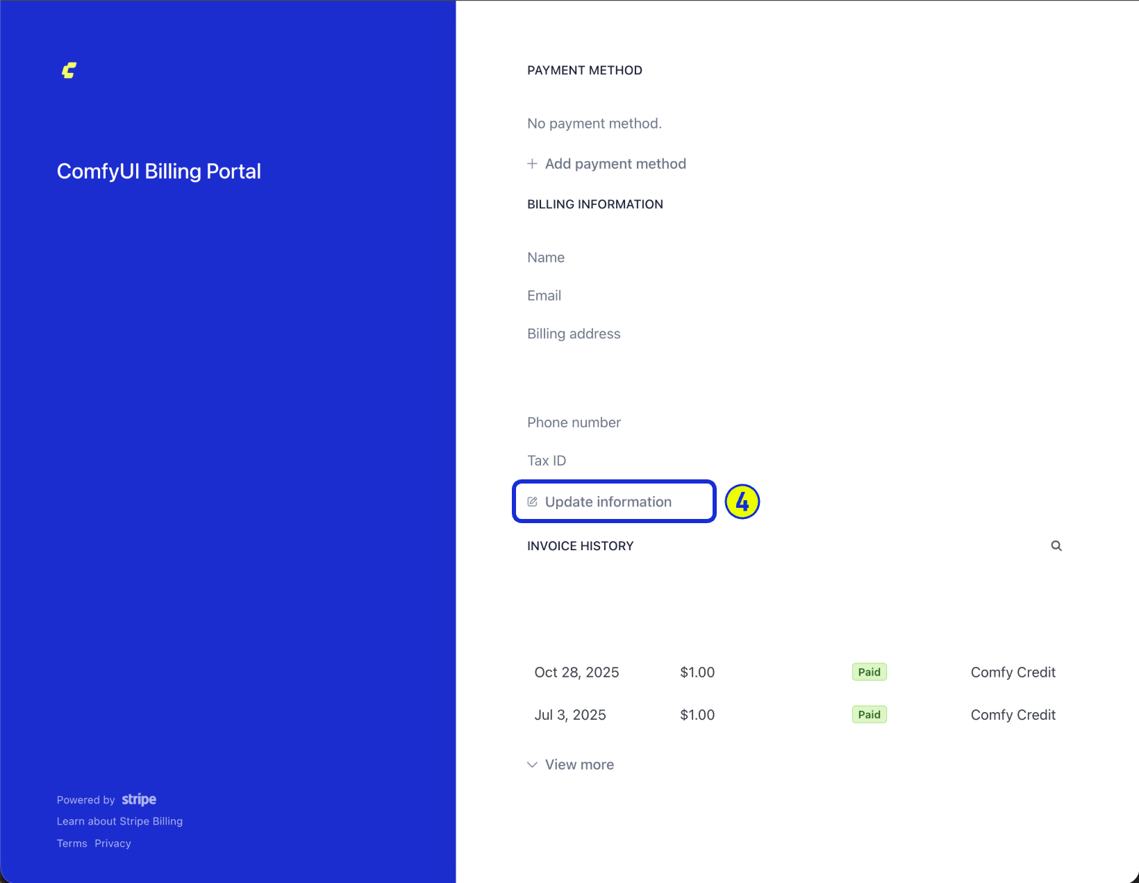 Stripe billing information form ready for updates
