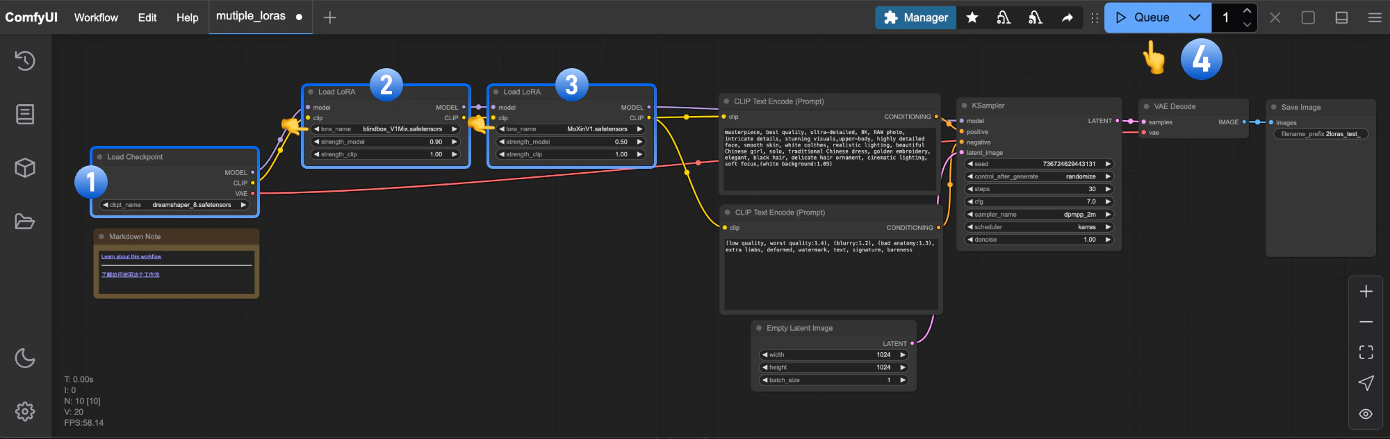 ComfyUI 工作流 - 多 LoRA 模型应用示例流程图