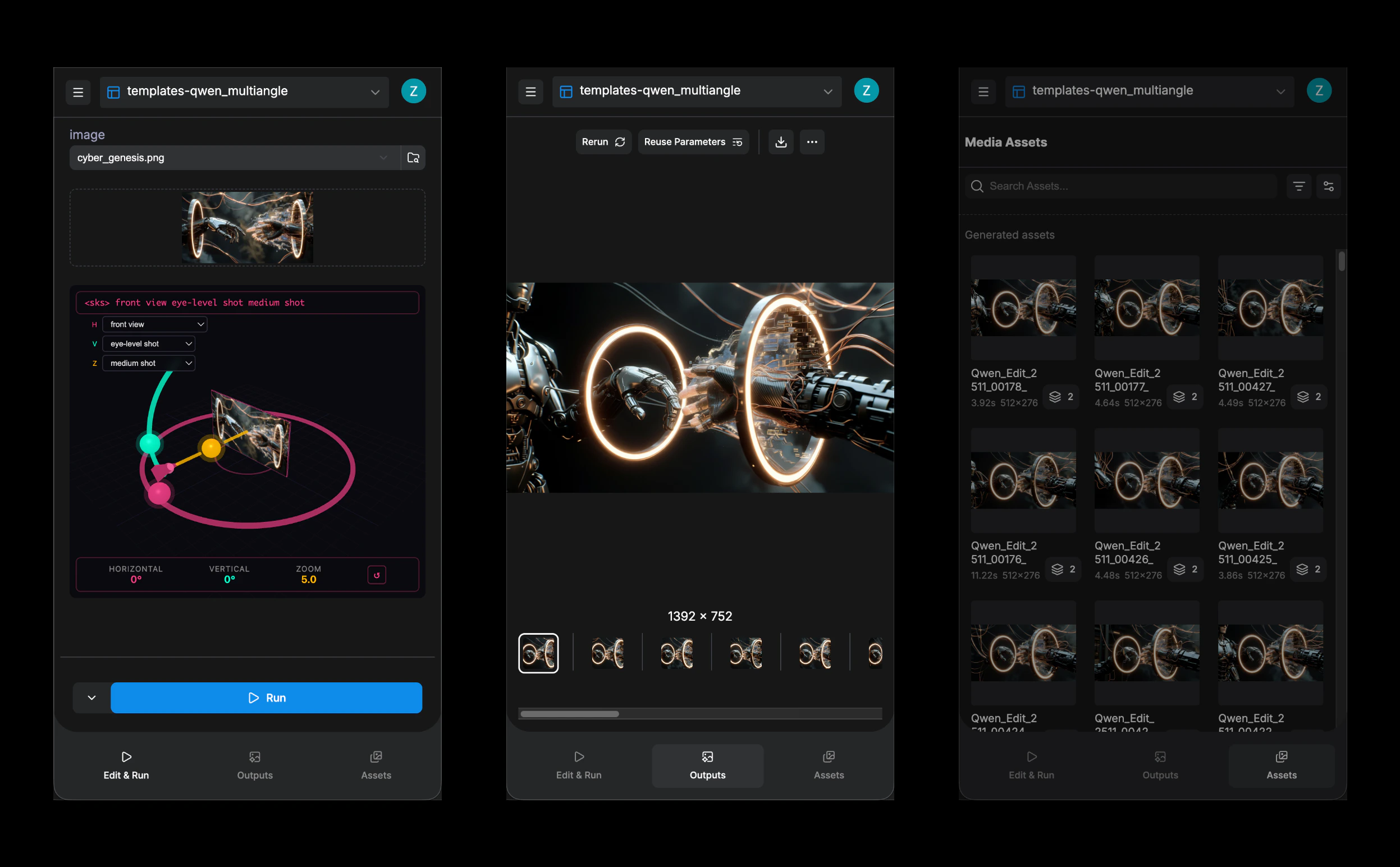 APP mode mobile layout with inputs, outputs, and assets tabs