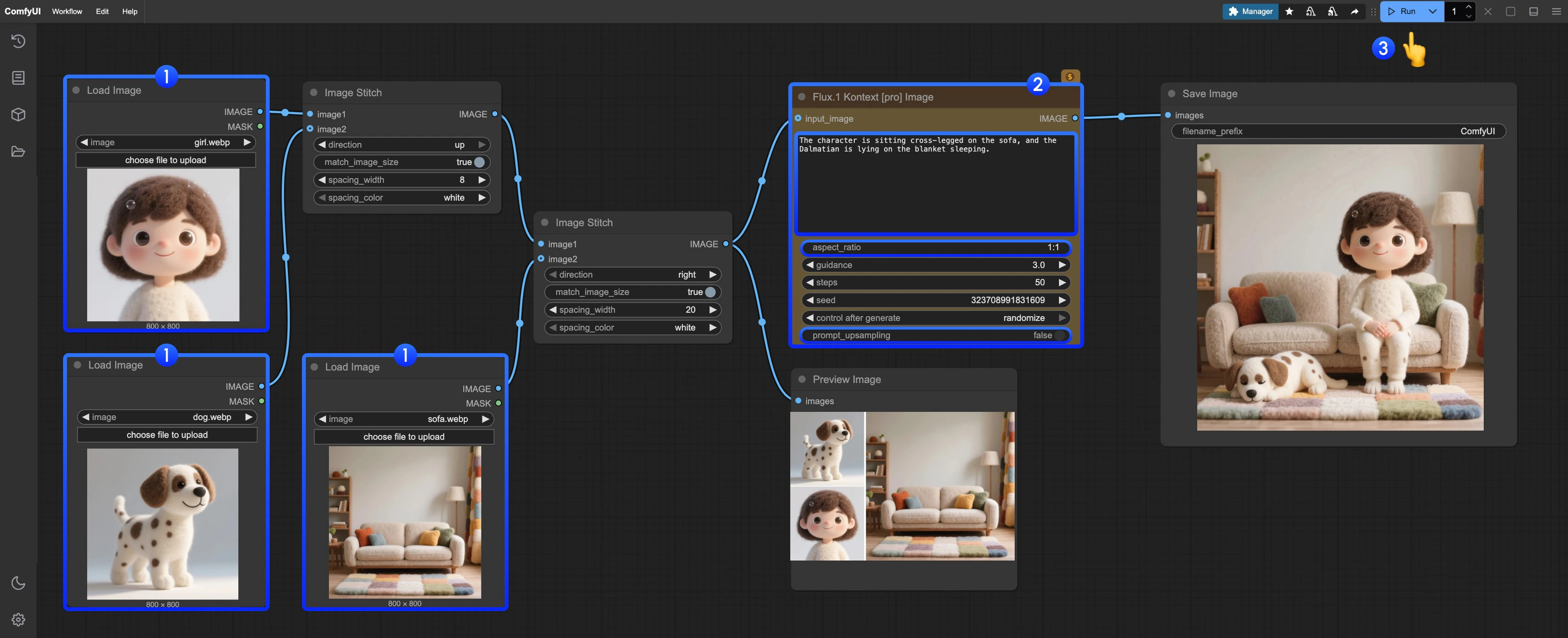 ComfyUI Flux.1 Kontext Pro Image API ノードワークフローステップ