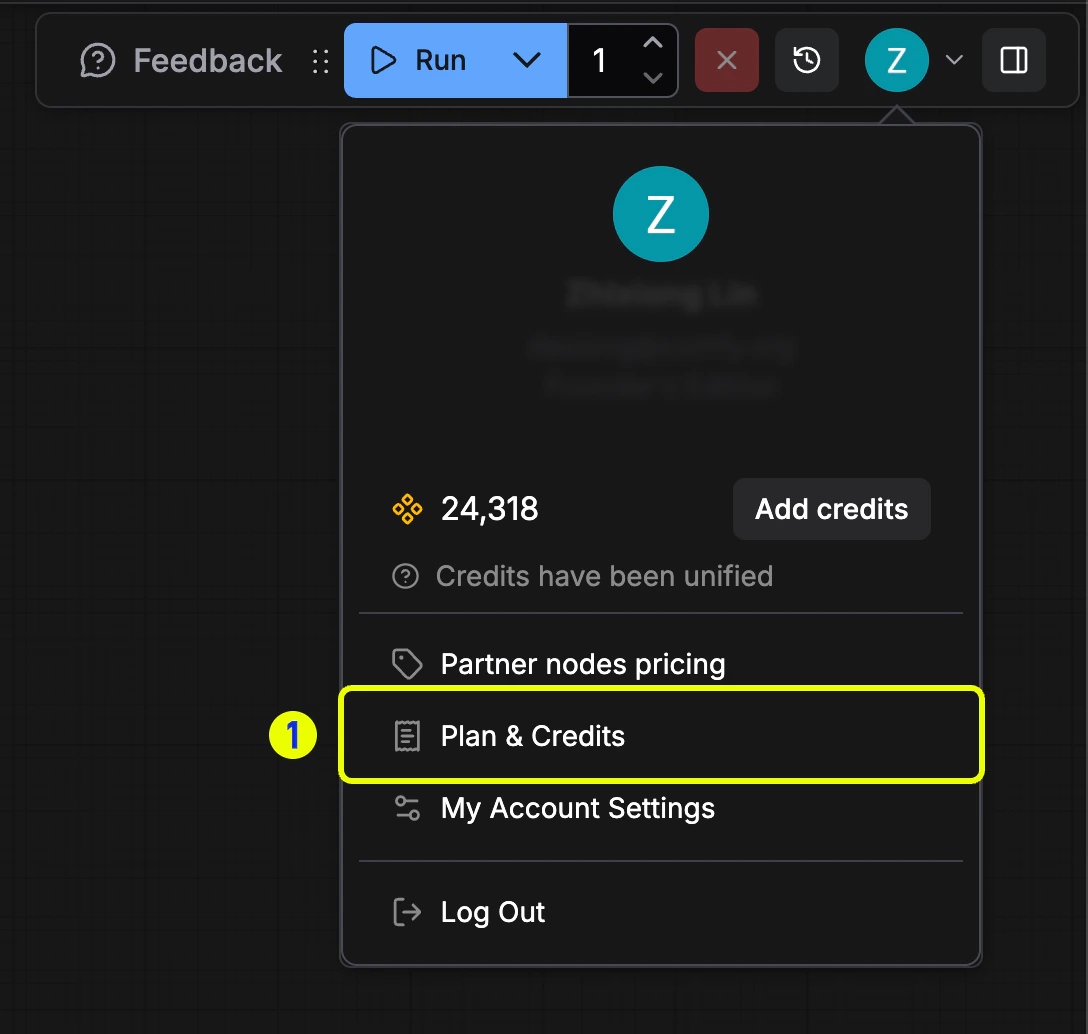 Plan & Credits menu